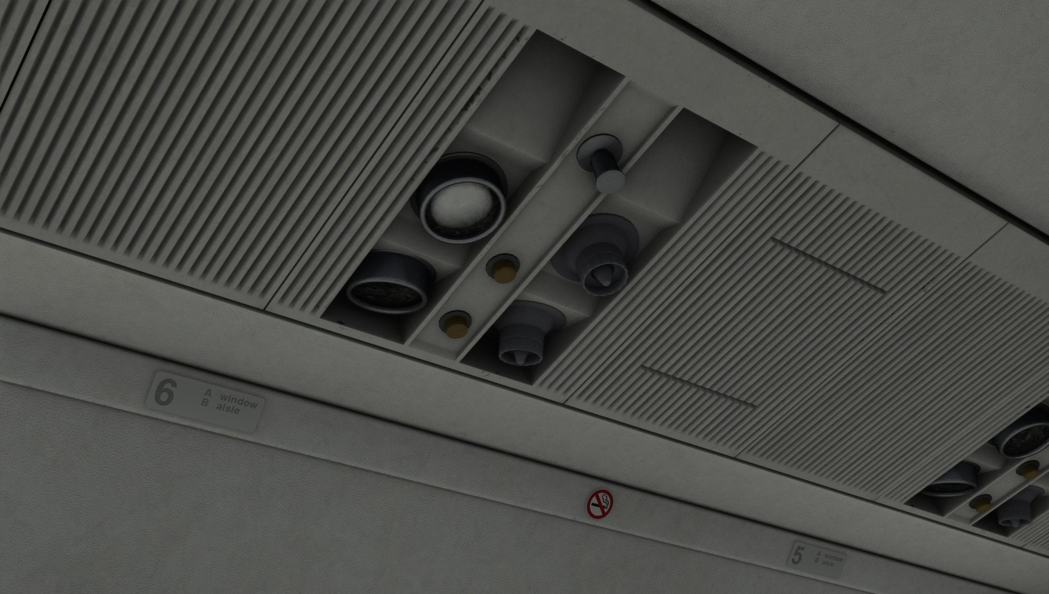 Close-up of the overhead panel inside the Just Flight Fokker-28 Professional for MSFS2020, showcasing air vents, reading lights, and a "no smoking" sign. The numbered sections provide seating or emergency instructions.