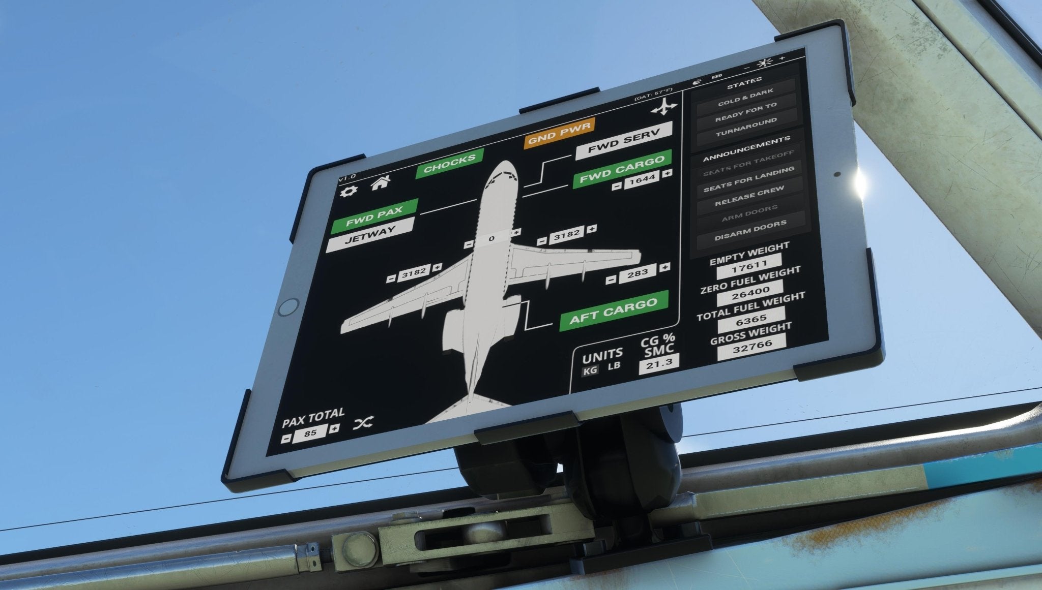 The Just Flight Fokker-28 Professional for MSFS2020 features an airplane control panel screen that displays a top-down diagram with labeled sections for the cargo and passenger areas. It provides essential details such as weight, fuel, and passenger total, all set against a blue sky backdrop.