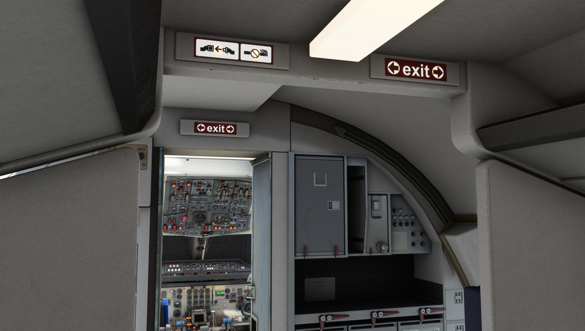 The cockpit interior of a Just Flight Fokker-28 Professional for MSFS2020 regional jet displays an open door marked with exit signs, featuring white text on brown backgrounds and arrows. This compact cockpit is equipped with numerous switches and instruments, showcasing the intricate realism characteristic of the Fokker-28 Professional series by Just Flight.