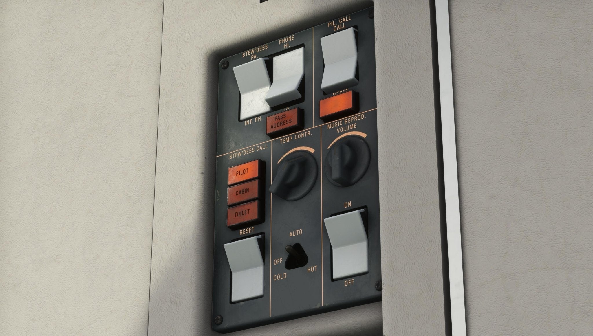 A close-up of an aircraft control panel in the Just Flight Fokker-28 Professional for MSFS2020 displays switches and dials with labels such as PA, Pilot, and Cabin buttons, temperature controls, and music volume. The panel is set against a gray surface characteristic of the Fokker-28 regional jet series.