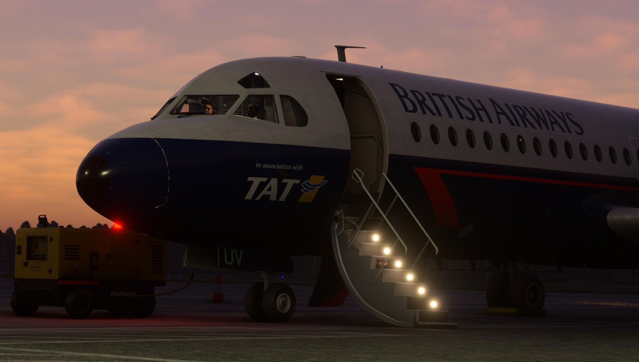 A Just Flight Fokker-28 Professional regional jet for MSFS2020 is parked on the tarmac at dusk, its open door and illuminated staircase inviting entry. The sky is a vibrant mix of orange and purple hues, while ground equipment surrounds this authentic scene by Just Flight.