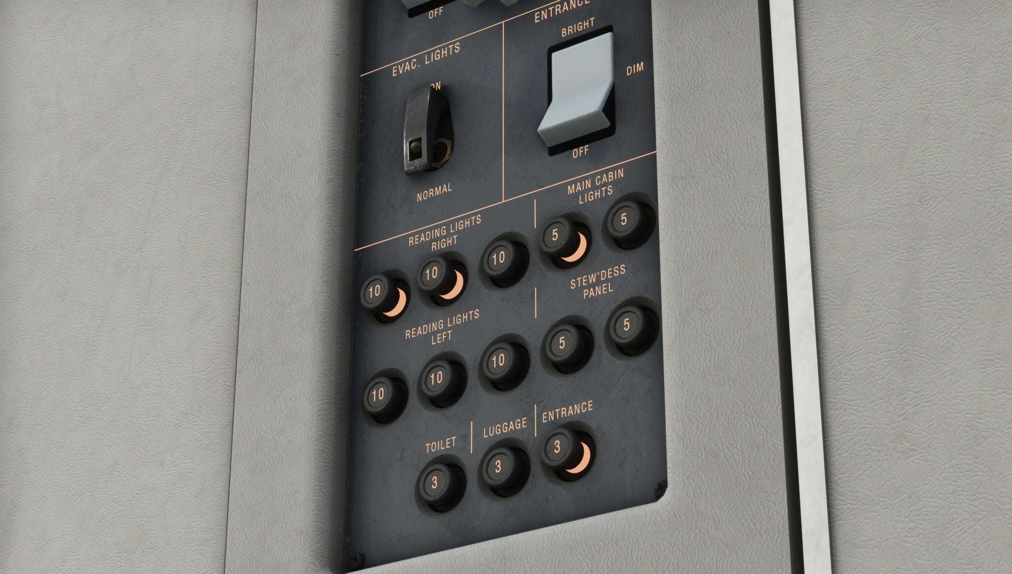 A close-up view of a control panel from the Just Flight Fokker-28 Professional for MSFS2020 showcases buttons and switches for evac lights, reading lights, main cabin, toilet, luggage, and entrance. The realistically worn metallic design enhances the authenticity of this Just Flight series product, with some buttons lit.