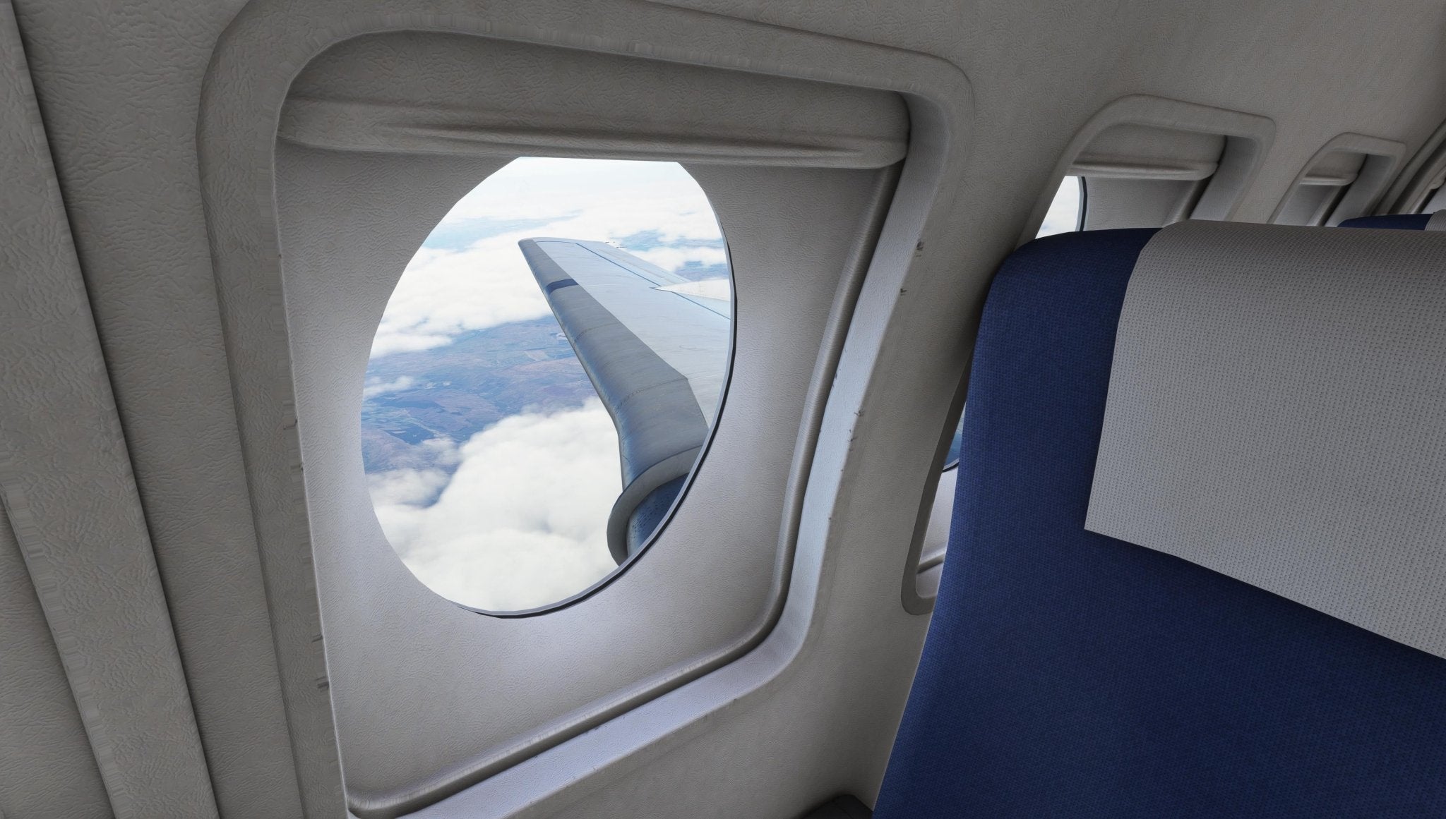 Through the window of a Fokker-28 Professional, watch the wing slice through scattered clouds beneath endless blue skies. Inside, the Just Flight experience features ergonomic design and comfort, with blue and white fabric seats that ensure a serene journey.