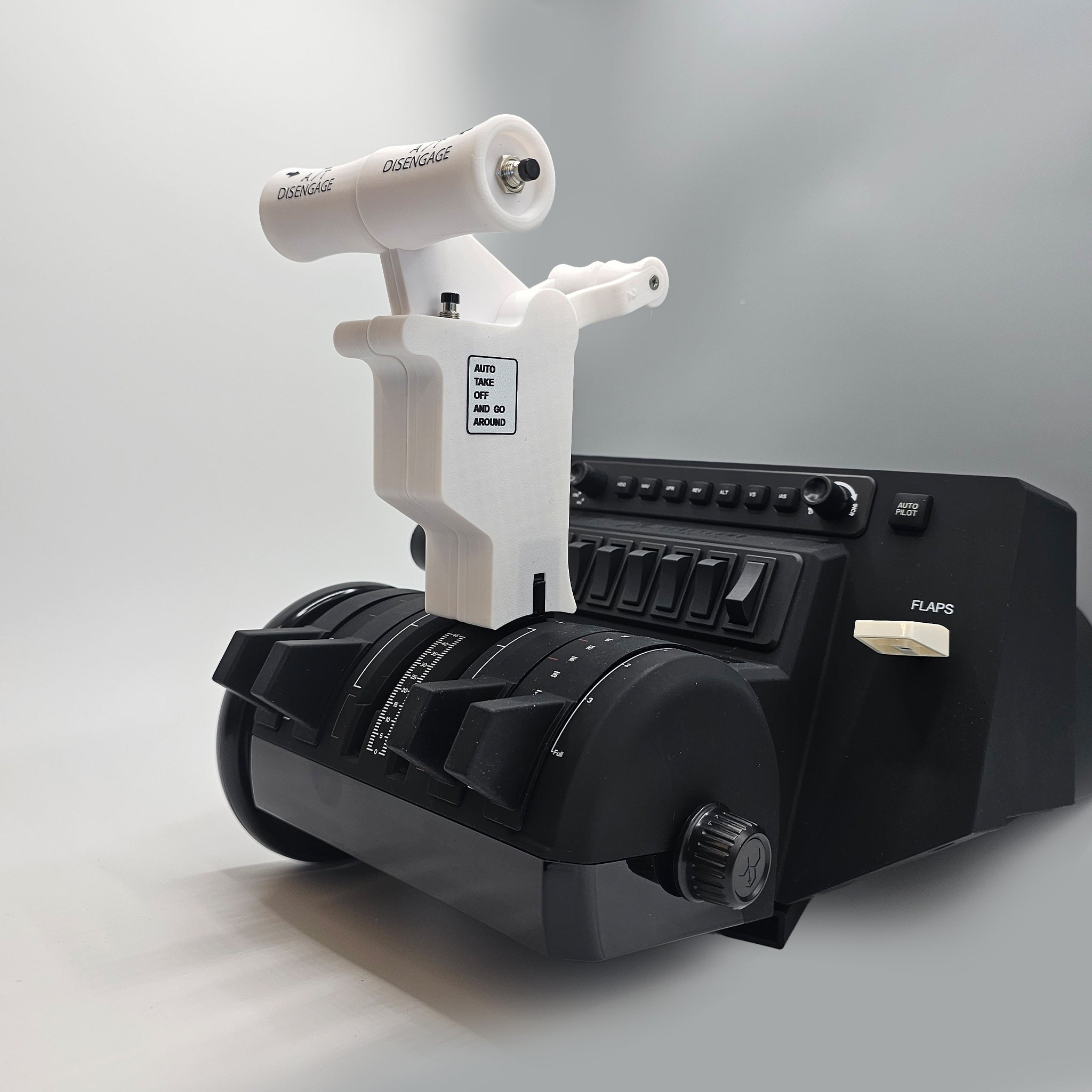 A detailed view of the ProDeskSim Boeing 737 Advanced Full Package Addon/Modification for the Honeycomb Bravo throttle quadrant, perfect for an authentic flight simulation experience. It includes a black base with multiple levers and switches; the primary lever is clearly marked "DISENGAGE" and "AUTO THROTTLE DISENGAGE," set against a neutral gray background.