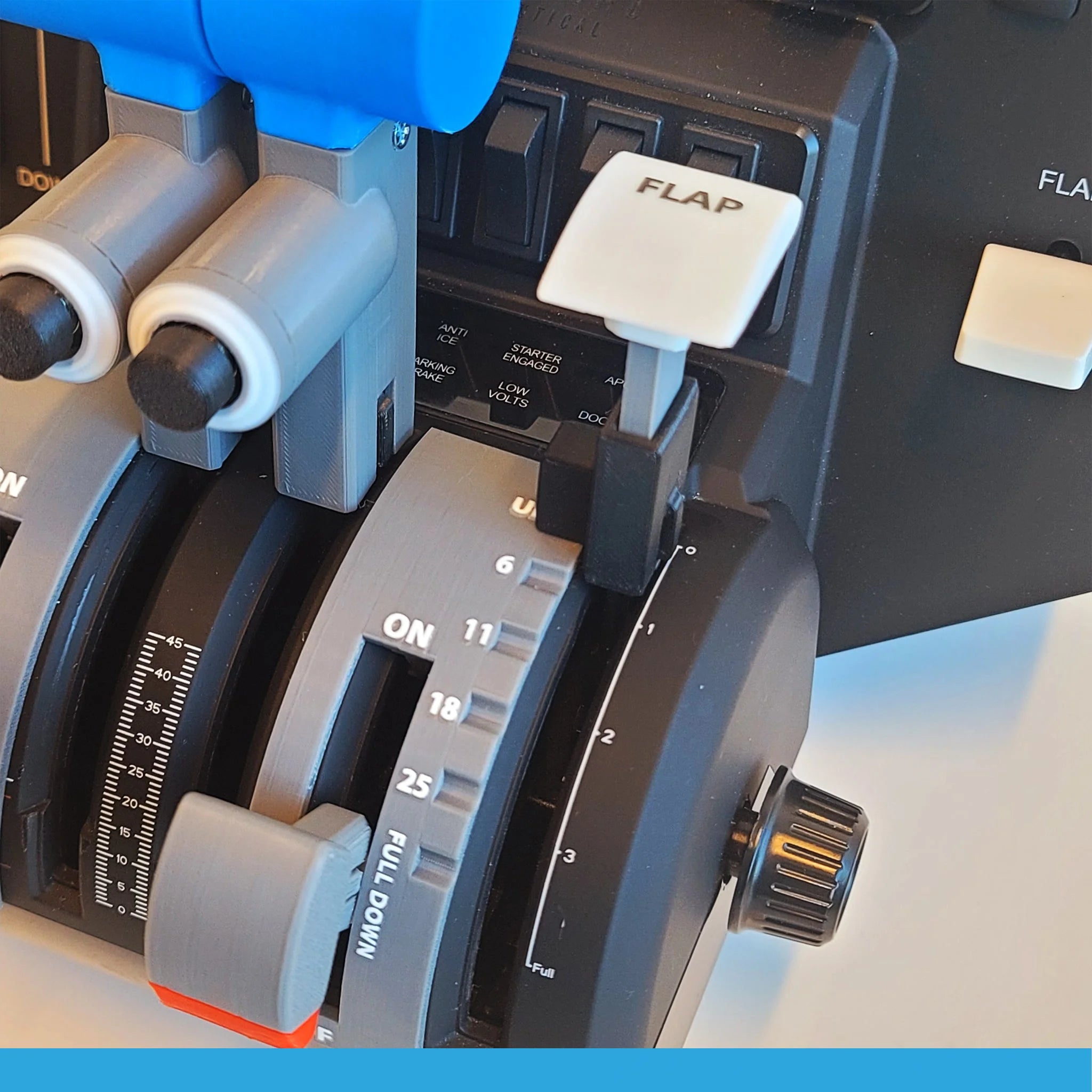 Close-up of aircraft cockpit controls showcasing Prodesksim's new Fokker 28 add-on for the Honeycomb Bravo throttle quadrant. The setup includes six levers with detent flaps, prominently marked "FLAP," and two functional buttons, all set on a panel featuring various dials and switches that highlight ProDeskSim's precision engineering.