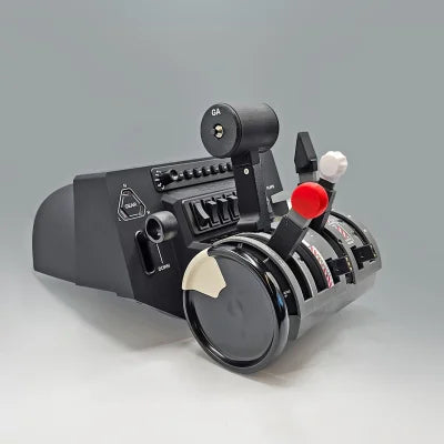 Introducing the brand new Prodesksim Pilatus PC-12 Addon/Mod package for the Honeycomb Bravo Throttle Quadrant. This realistic flight simulator throttle quadrant, set against a plain gray background, features multiple levers and dials. It includes three main levers with different colored knobs and various switches, designed to enhance your flight simulation experience.
