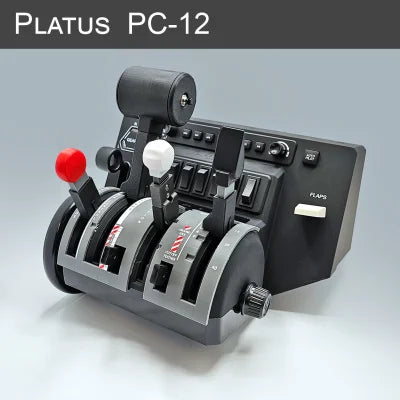 Introducing the NEW ProDeskSim Pilatus PC-12 Addon/Mod package for the Honeycomb Bravo Throttle Quadrant. Designed by Prodesksim for flight simulation enthusiasts, this addon perfectly replicates the controls of a Pilatus PC-12. It includes four levers with red, white, and black handles, along with various switches and a flap control on a sleek grey panel.