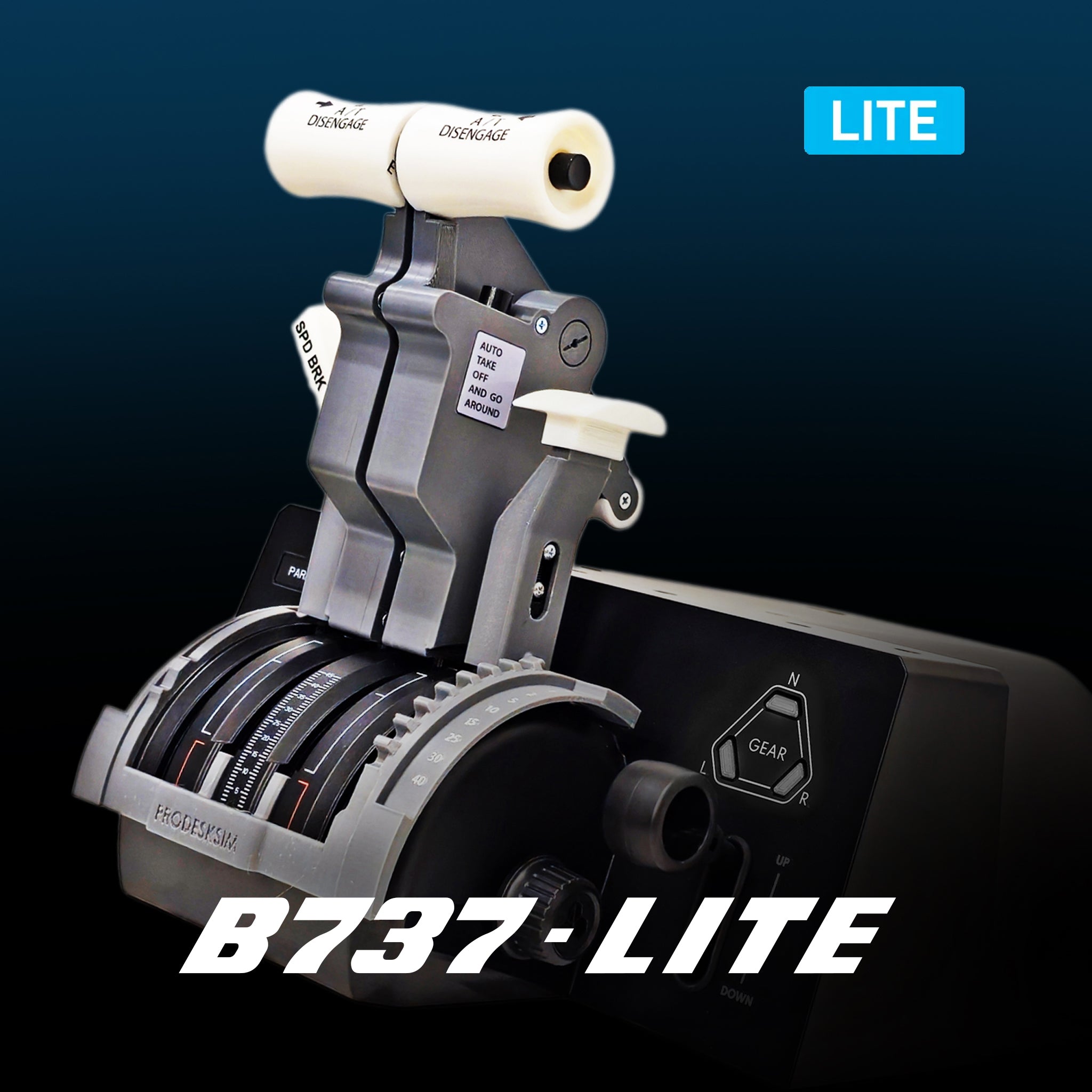 A close-up of the new ProDeskSim Boeing 737 Lite for the Bravo Lite throttle quadrant shows white levers, gear control, and a blue "LITE" badge—a unique Prodesksim addon designed for the Honeycomb Bravo Lite.
