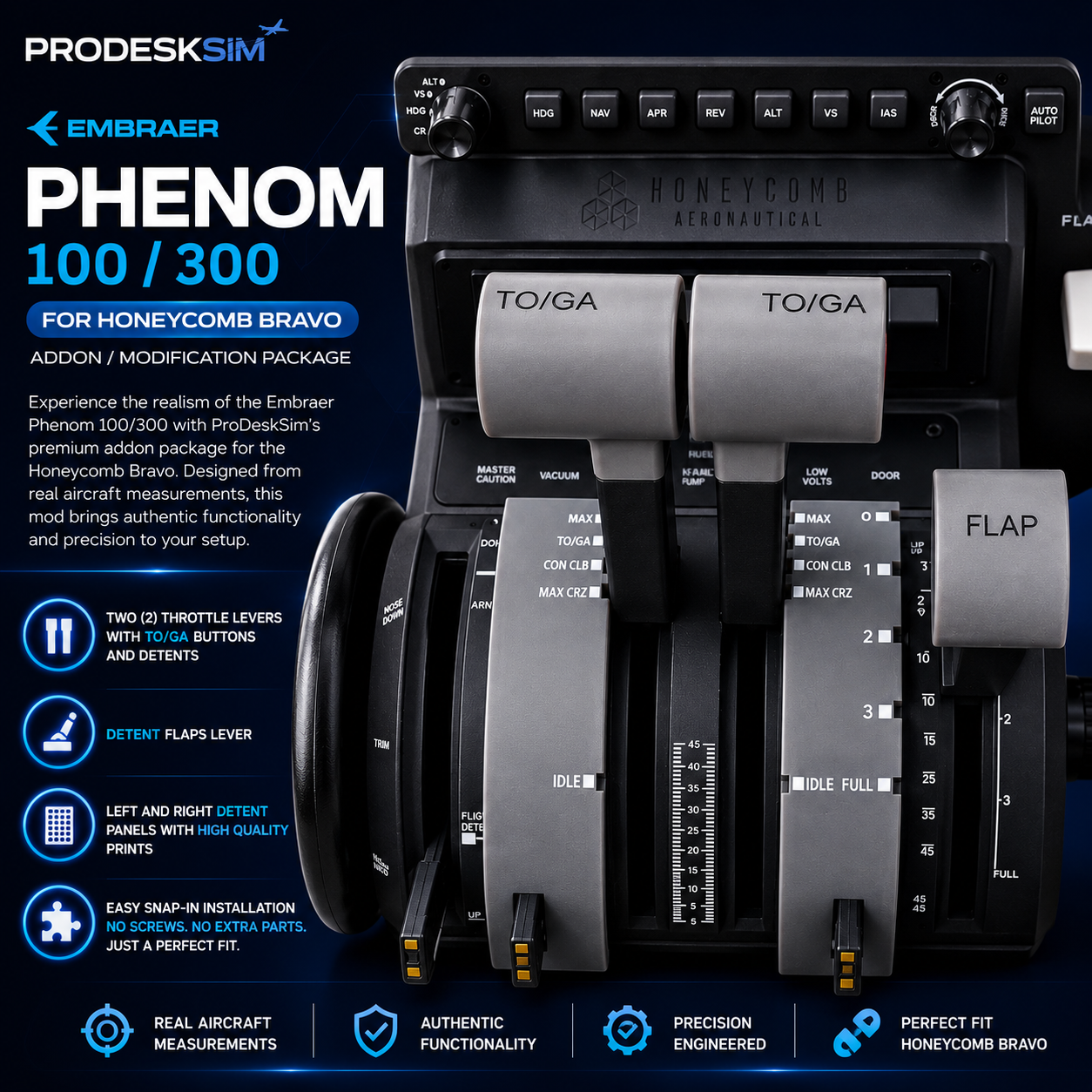 Prodesksim’s NEW! Phenom 100/300 Throttle Addon/Pack customizes your Honeycomb Bravo with labeled TO/GA, FLAP, and triple throttle levers—ideal for realistic Embraer Phenom 100/300 flight simulation.