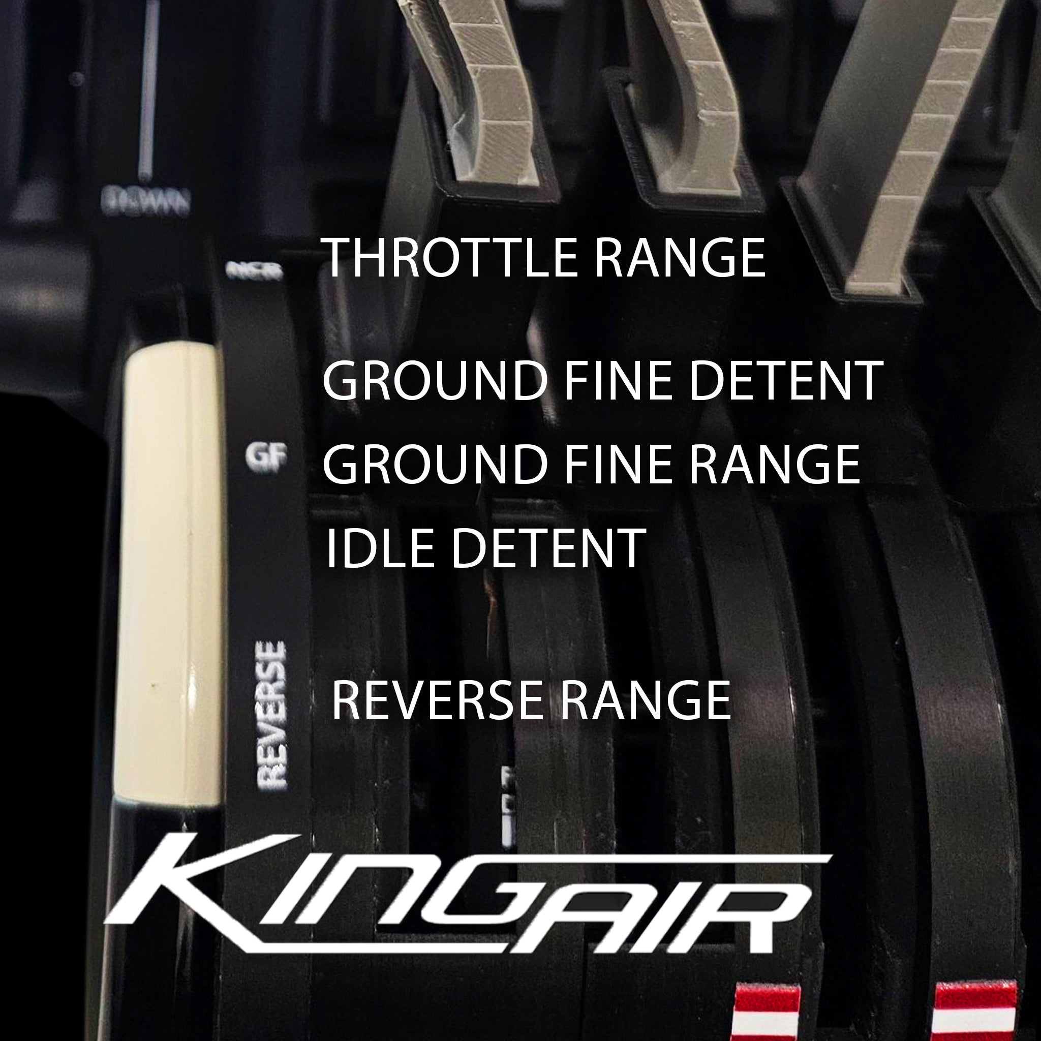 Close-up of ProDeskSim Beechcraft King Air Advanced Addon/Throttle Pack for Honeycomb Bravo throttle quadrant by Prodesksim, showing labeled throttle positions—Throttle Range, Ground Fine Detent, Ground Fine Range, Idle Detent, and Reverse Range.