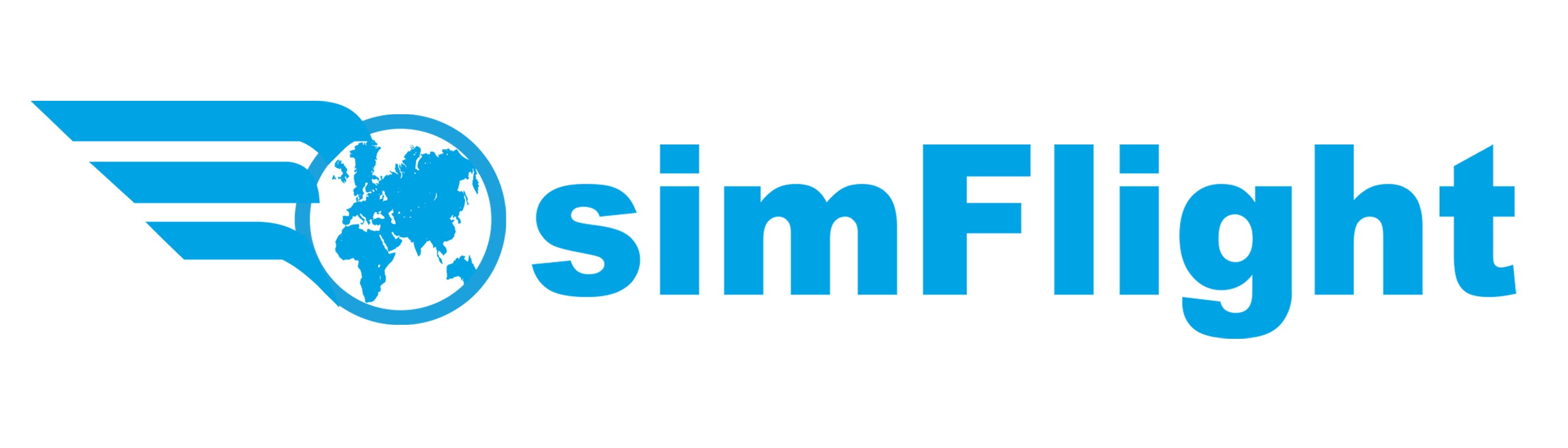 Logo with the text "simFlight" in blue. A partial globe is integrated into the letter 's', with stylized wings extending from it, suggesting flight or aviation.