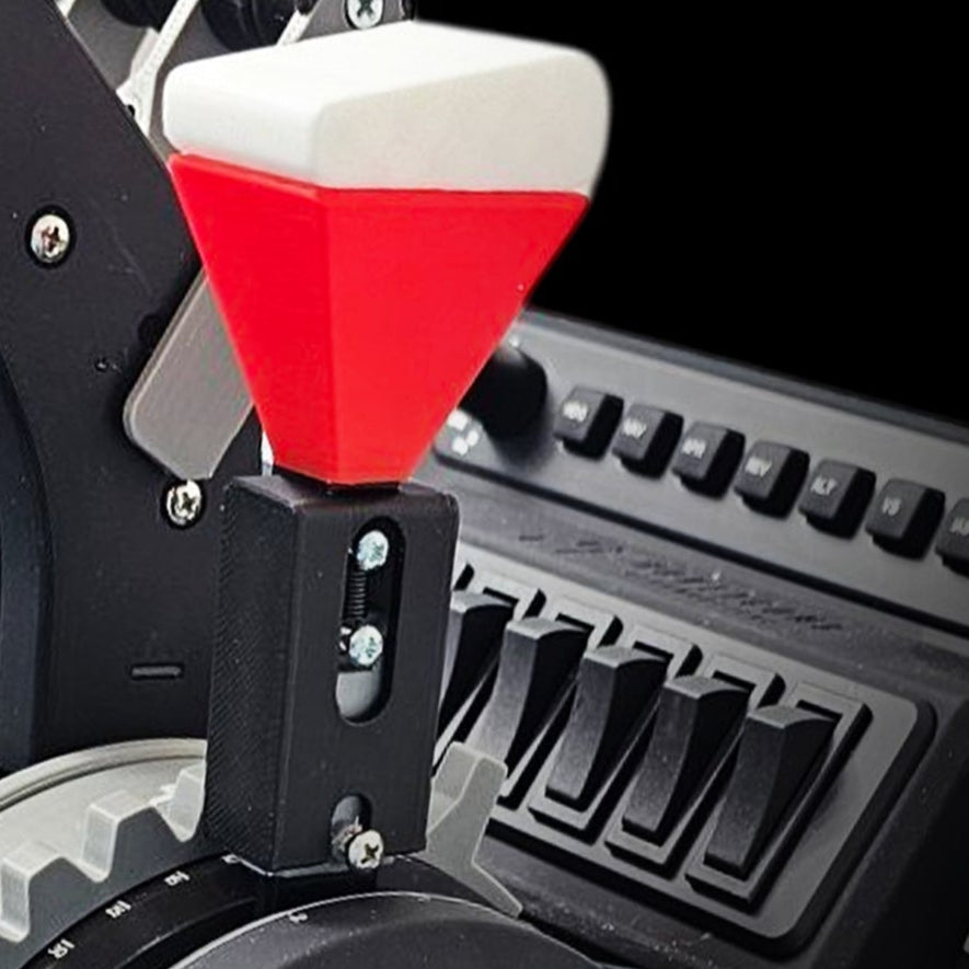 The Prodesksim McDonnell Douglas MD-11 module for Honeycomb Bravo throttle and Microsoft Flight Simulator showcases black control levers on a dark background, with multiple levers such as one featuring a striking red and white handle, complemented by various buttons and a dial.