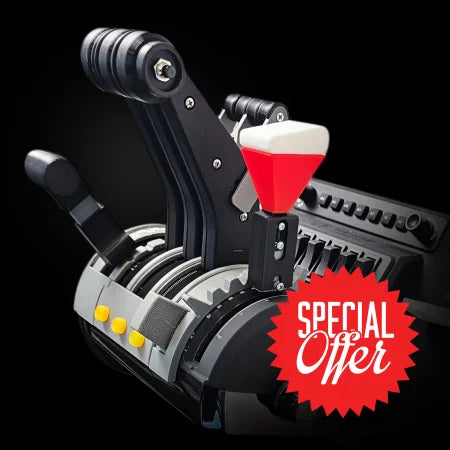 The Prodesksim McDonnell Douglas MD-11 module for Honeycomb Bravo throttle and Microsoft Flight Simulator showcases black control levers on a dark background, with multiple levers such as one featuring a striking red and white handle, complemented by various buttons and a dial.