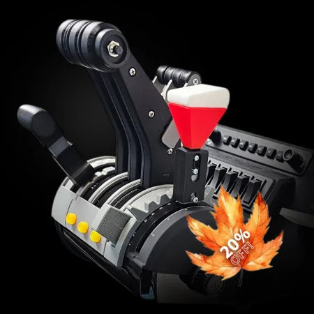 The Prodesksim McDonnell Douglas MD-11 module for Honeycomb Bravo throttle and Microsoft Flight Simulator showcases black control levers on a dark background, with multiple levers such as one featuring a striking red and white handle, complemented by various buttons and a dial.