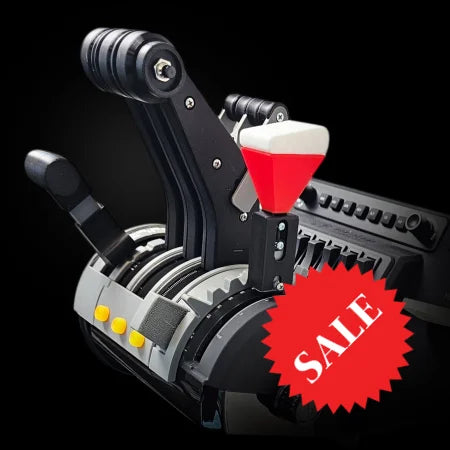 The Prodesksim McDonnell Douglas MD-11 module for Honeycomb Bravo throttle and Microsoft Flight Simulator showcases black control levers on a dark background, with multiple levers such as one featuring a striking red and white handle, complemented by various buttons and a dial.