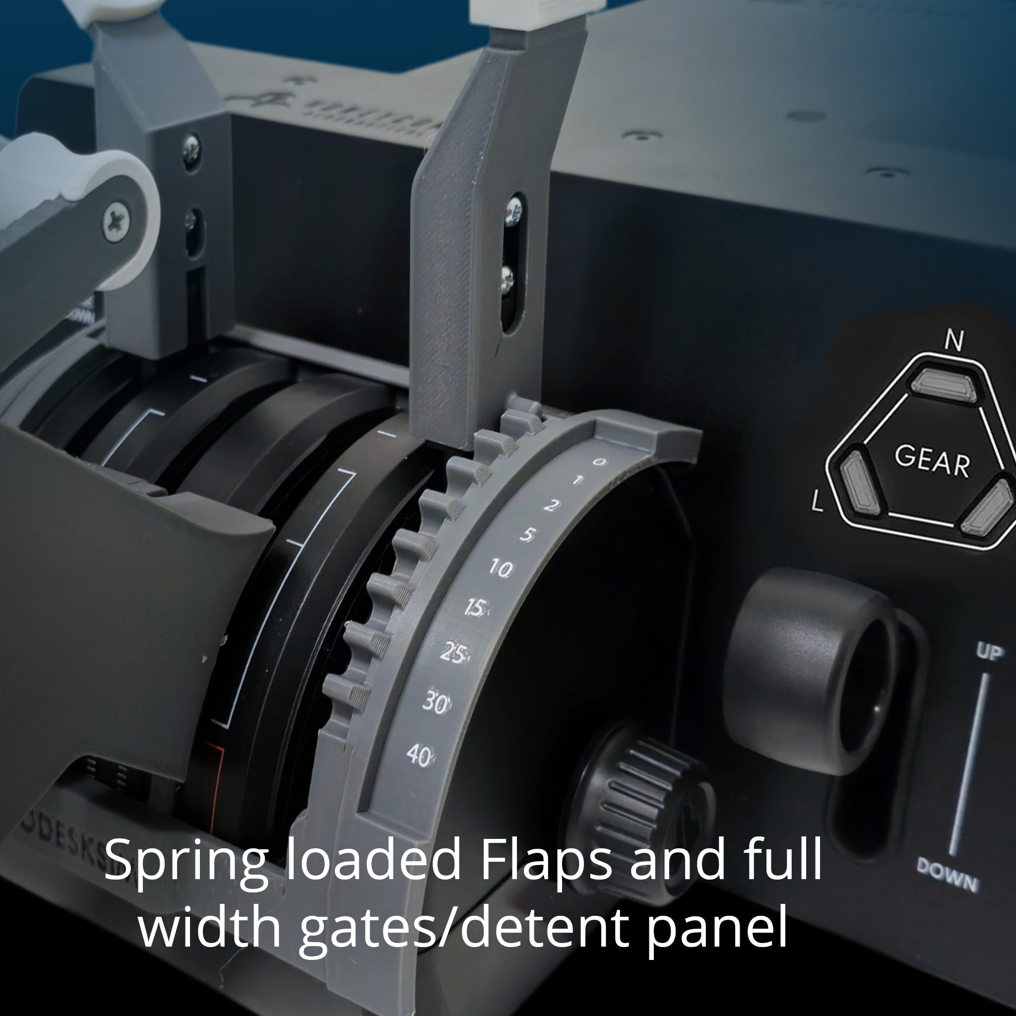 Close-up of the ProDeskSim Boeing 737 Lite for Bravo Lite showing spring-loaded flaps, numbered detent panel, and gear switch, with text: "Spring loaded flaps and full width gates/detent panel.