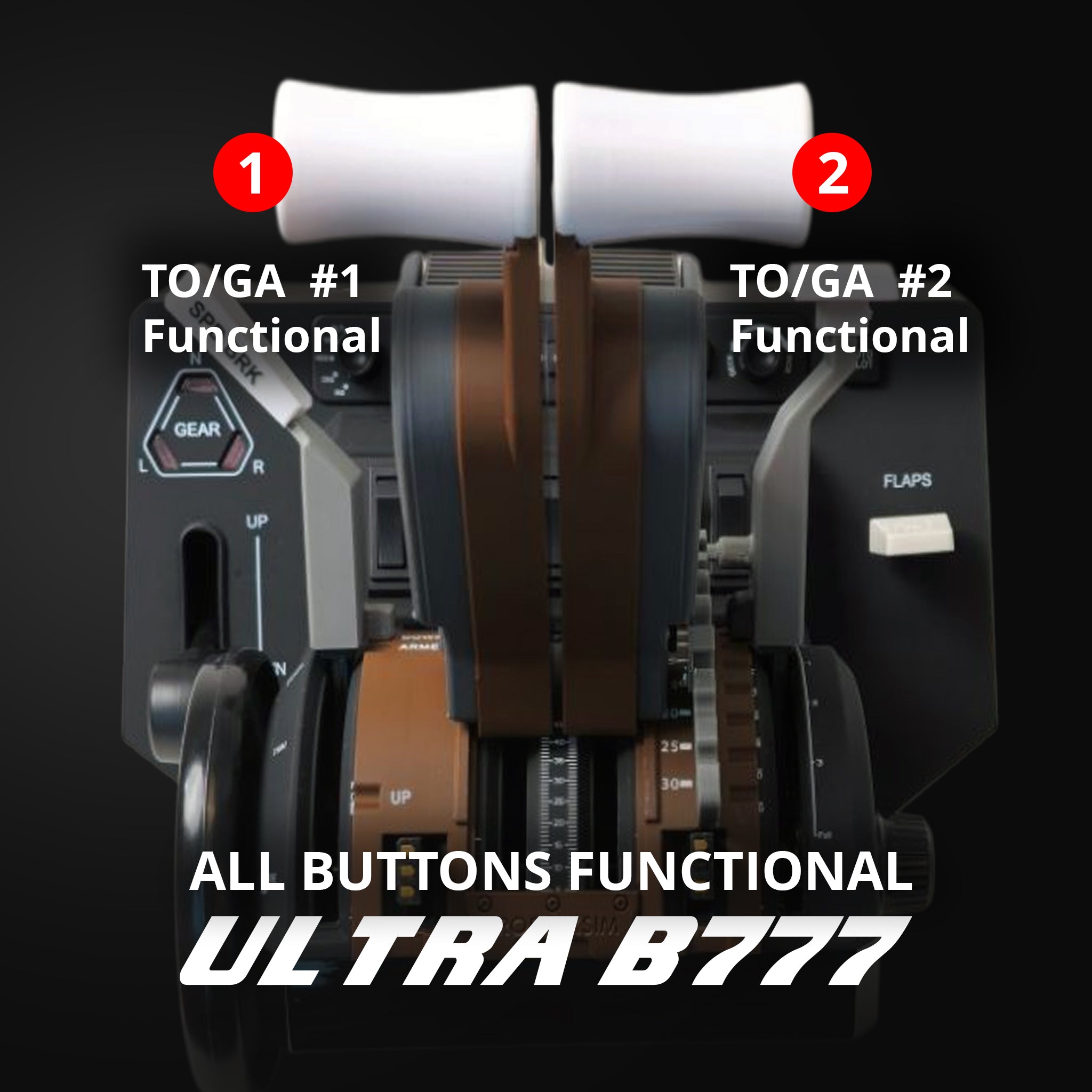 A close-up of the Prodesksim New ProDeskSim B777 Ultra Addon/Throttle Pack for Honeycomb Bravo shows two white levers labeled 1 and 2, with “All buttons functional” and both “TO/GA #1” and “TO/GA #2 Functional”.