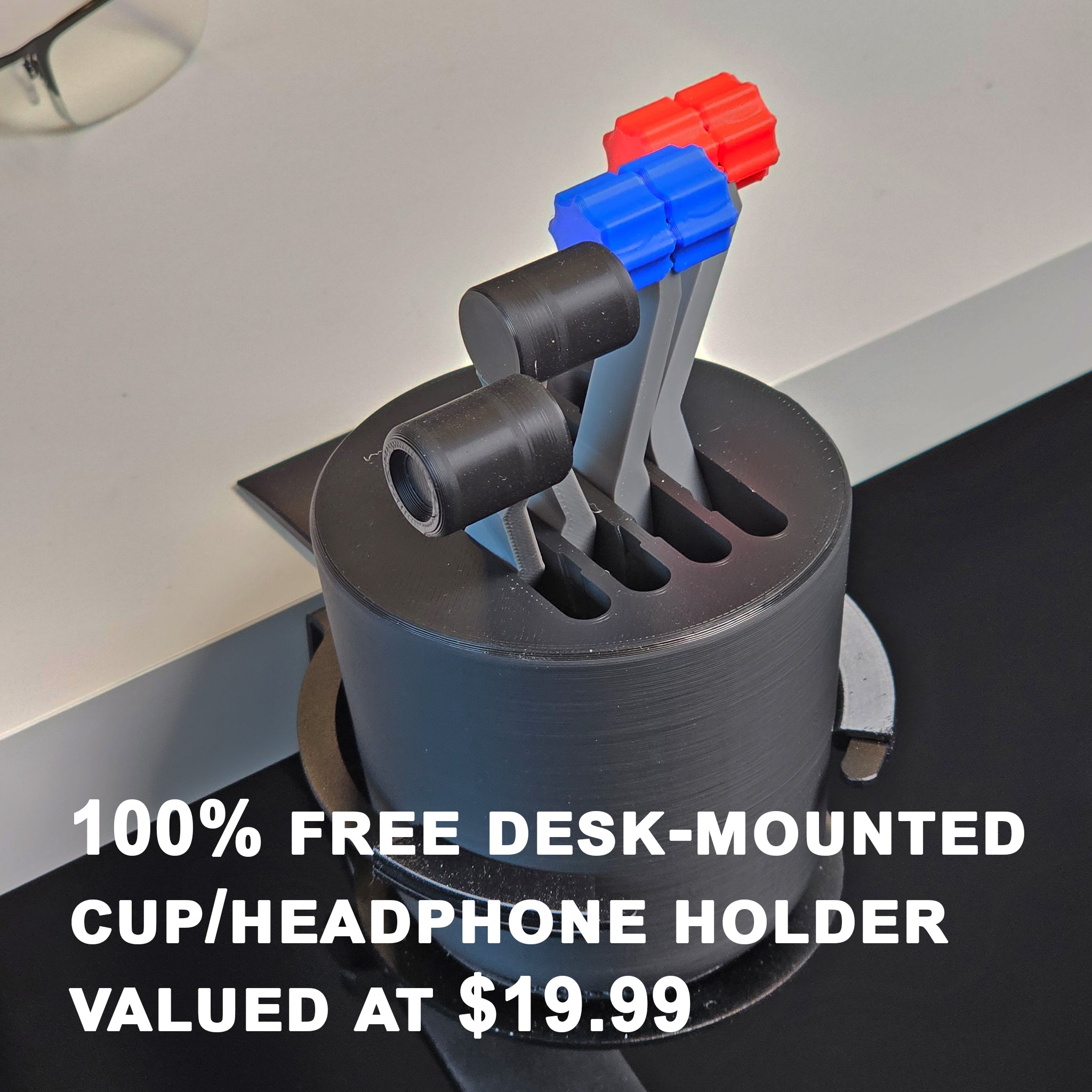 Introducing the G58 Baron - The Cup Holder Flight Fidget by FlightFidgets.com. This sleek black desk-mounted holder features slots and eye-catching red and blue accents, making it a perfect accessory for airplane enthusiasts who enjoy fidgeting. Text overlay reads "100% Free Desk-Mounted Cup/Headphone Holder Valued at $19.99.