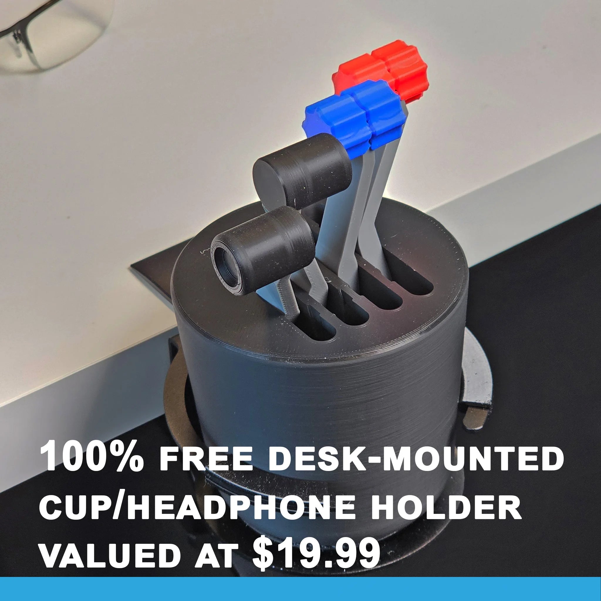 Introducing the G58 Baron - The Cup Holder Flight Fidget by FlightFidgets.com. This sleek black desk-mounted holder features slots and eye-catching red and blue accents, making it a perfect accessory for airplane enthusiasts who enjoy fidgeting. Text overlay reads "100% Free Desk-Mounted Cup/Headphone Holder Valued at $19.99.