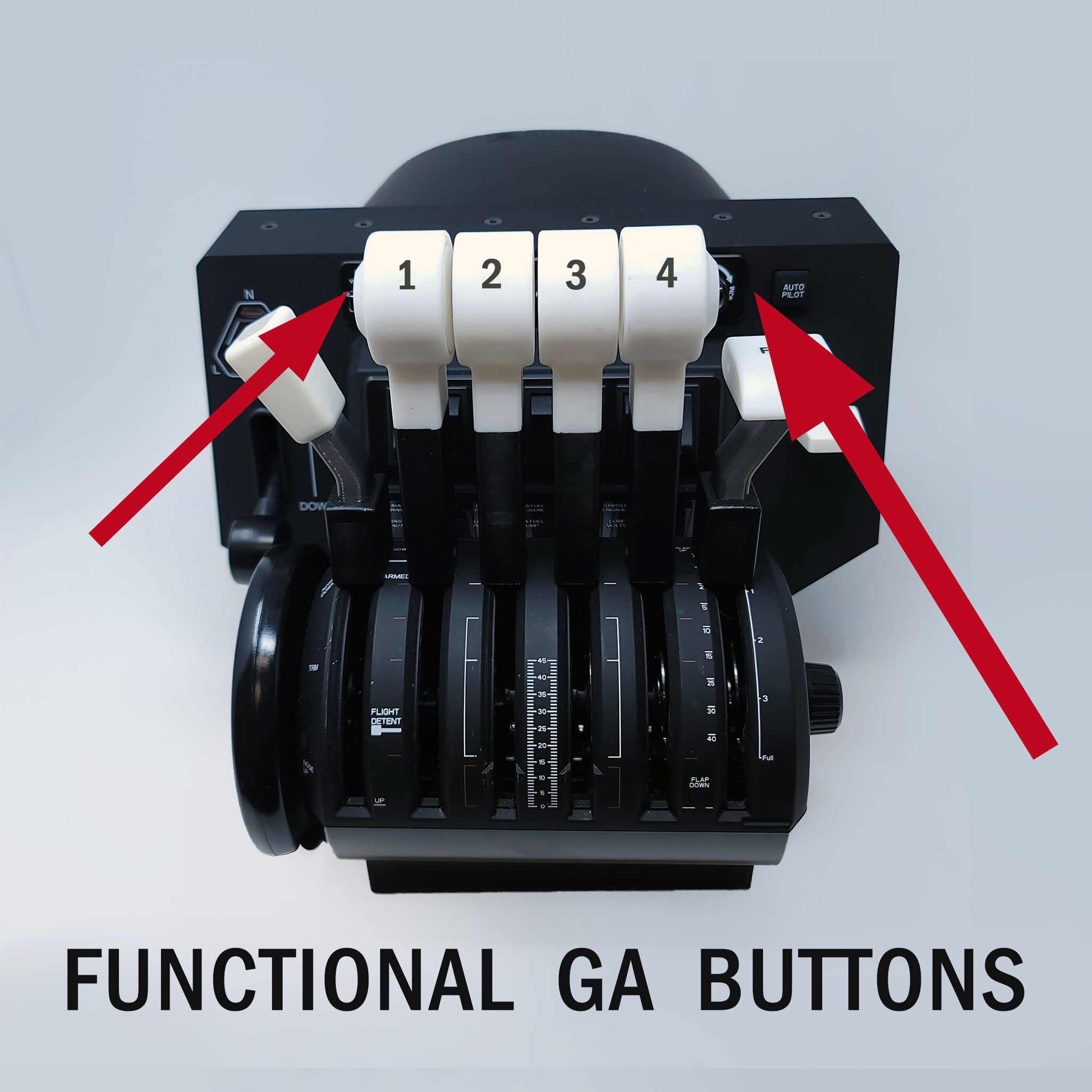 Image of a BAE-146 Throttle Quadrant featuring four lever handles numbered 1 to 4, similar to the Honeycomb Bravo setup. Two red arrows point to buttons labeled "A/T Disconnect #1 and #4 Button." Text below reads "Functional A/T Disconnect Buttons for an immersive ProDeskSim experience by Prodesksim.