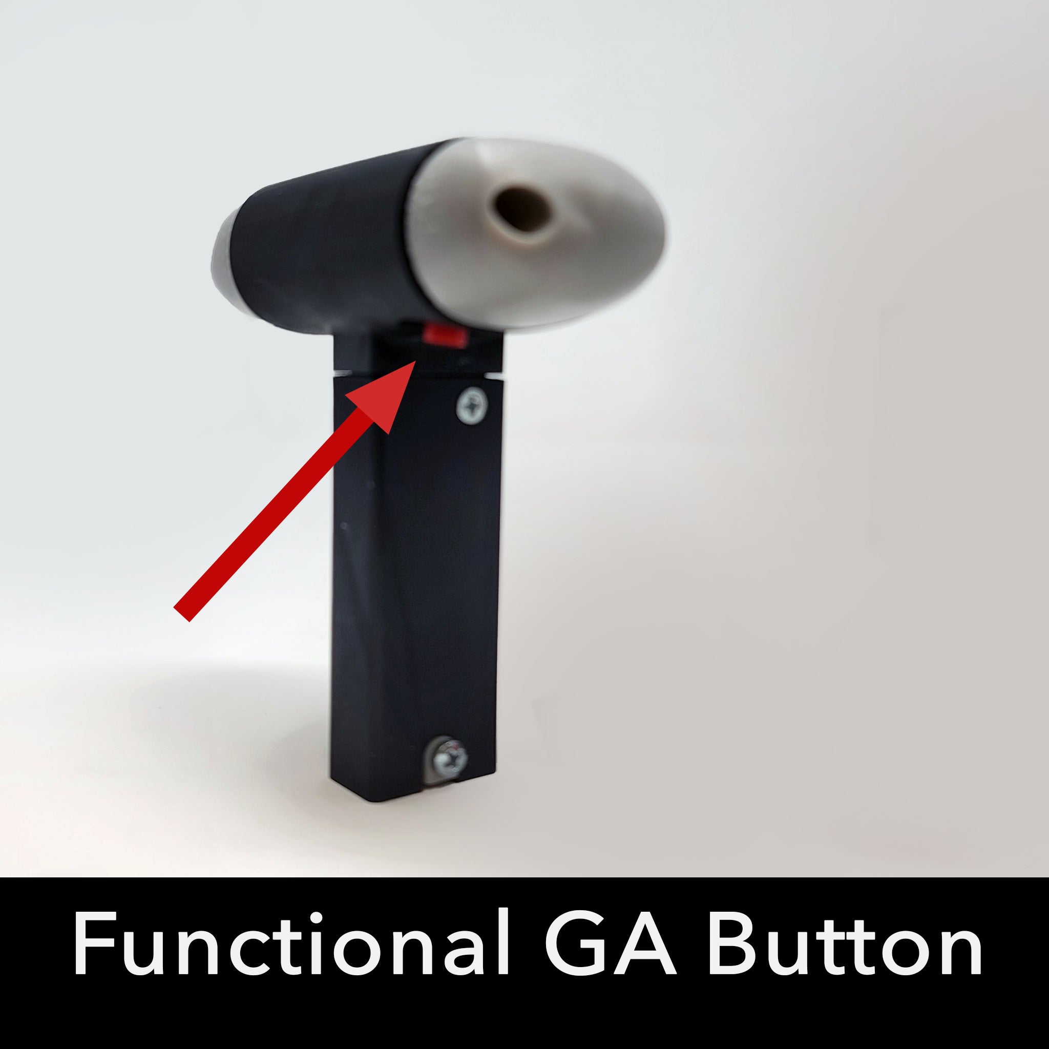 A black and gray button labeled "Functional GA Button," similar to a control on the Prodesksim Cirrus SR20/22/vision jet throttle for Honeycomb Bravo FS2020, features a large red arrow directing attention to a small red switch. The button is securely mounted on a vertical base with screws, offering precision akin to Saitek devices.