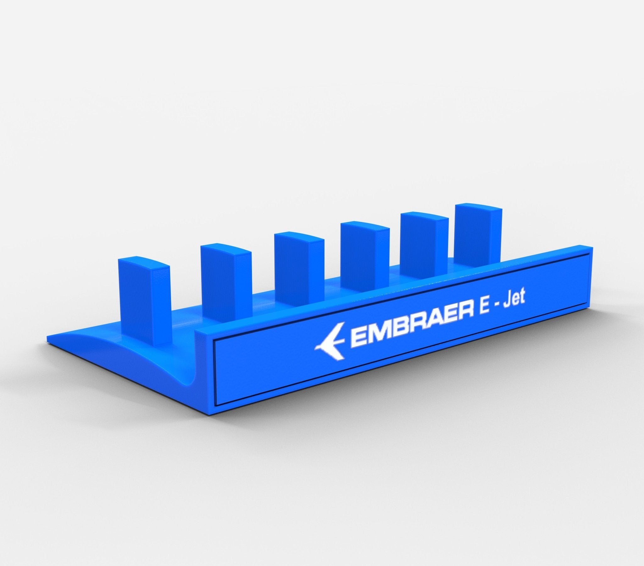 The Honeycomb Bravo Add-on ORGANZISER by Prodesksim is a 3D-printed blue stand designed for organizing handles and levers. Featuring five vertical rectangular pegs, it includes an angled base that prominently displays the "EMBRAER E-Jet" aircraft logo on its side, seamlessly combining functionality with design.