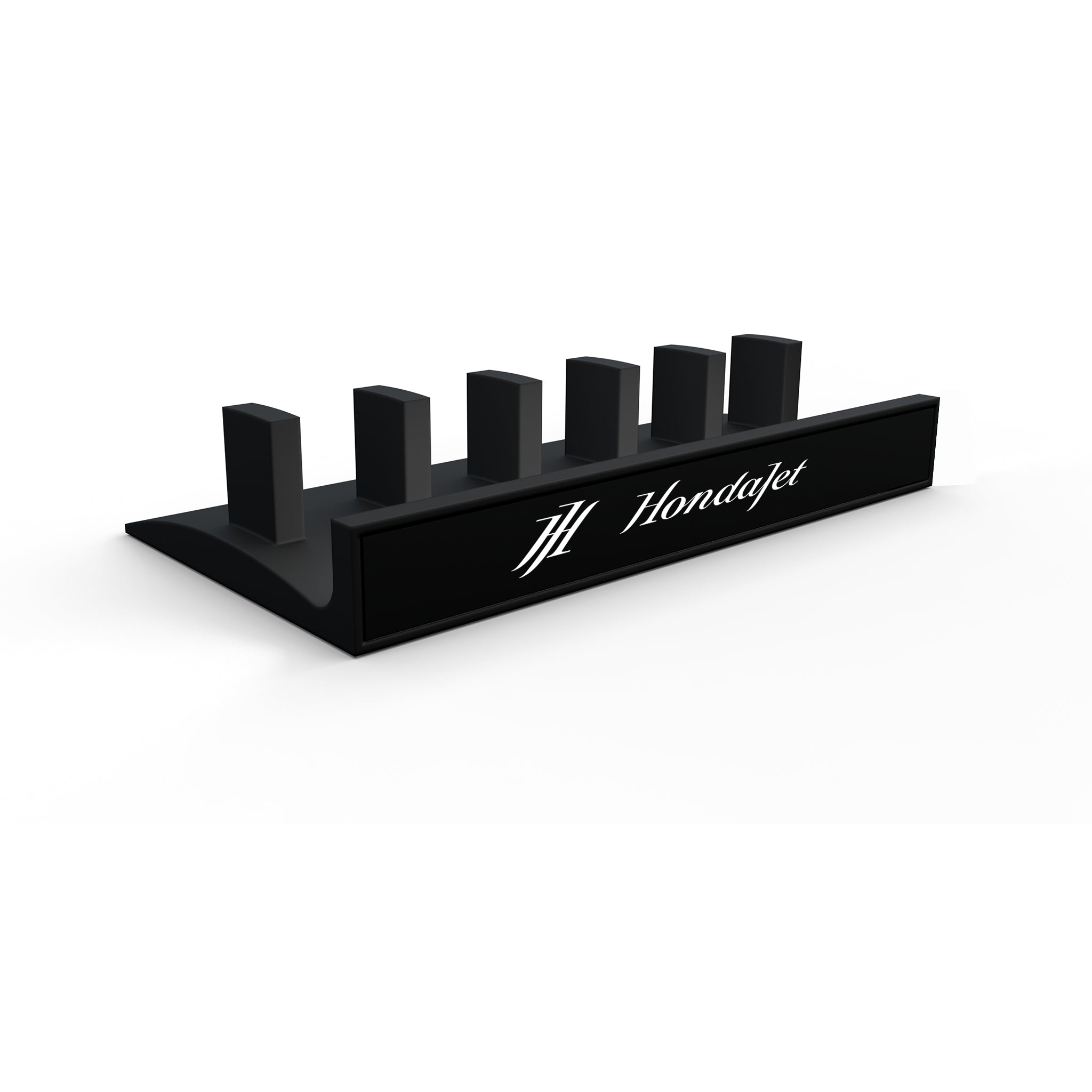 The ProDeskSim Honeycomb Bravo Add-on ORGANIZER is a black display stand with six rectangular slots, featuring the HondaJet aircraft logo and designed to hold handles and levers on its front panel.