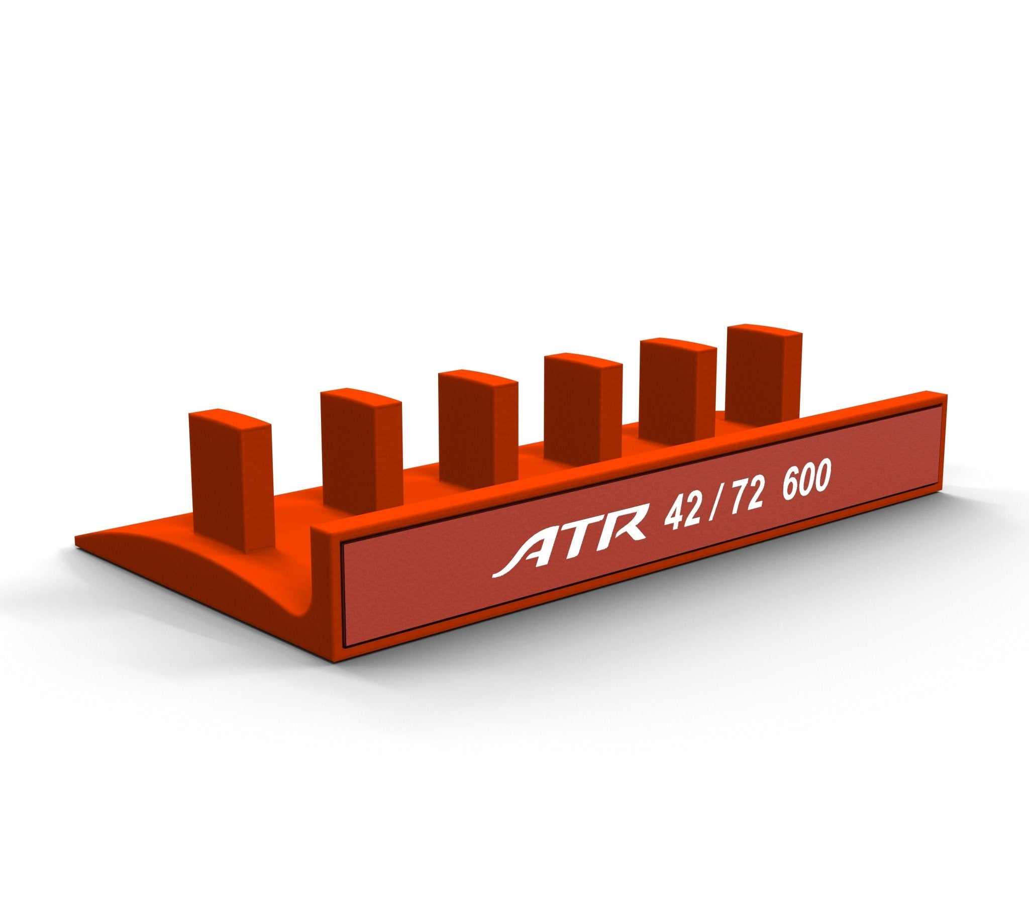 A sleek red and orange Honeycomb Bravo Add-on ORGANZISER by Prodesksim, featuring six upright rectangular slots and showcasing a crisp white "ATR 42/72 600" label. Ideal for holding ProDeskSim levers, this stand elegantly complements any aviation-themed setup with its aircraft design flair.