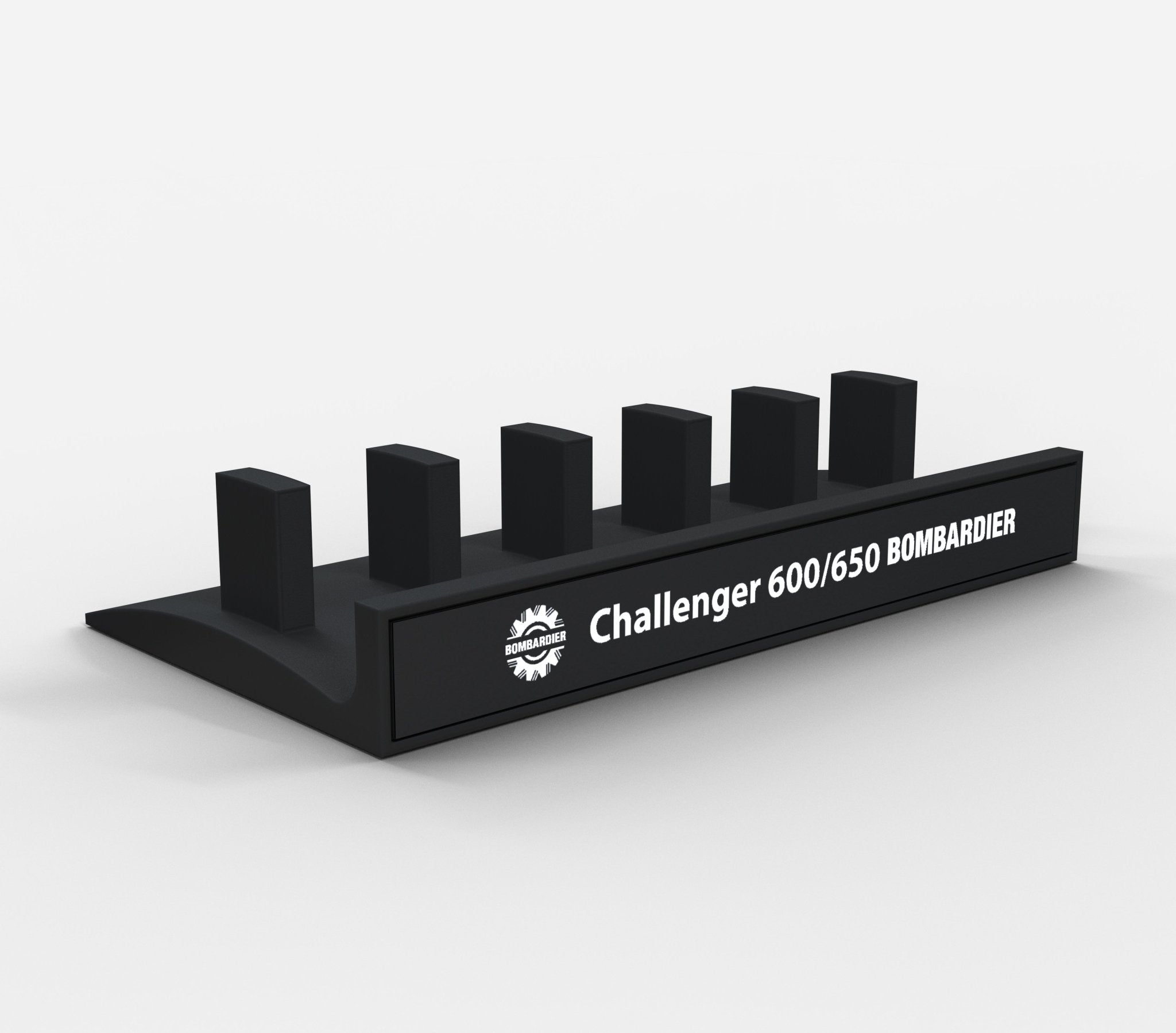 A sleek black organizer designed for six items, featuring the "Challenger 600/650 Bombardier" text and the ProDeskSim levers aircraft logo on the front, known as the Honeycomb Bravo Add-on ORGANIZER by ProDeskSim.