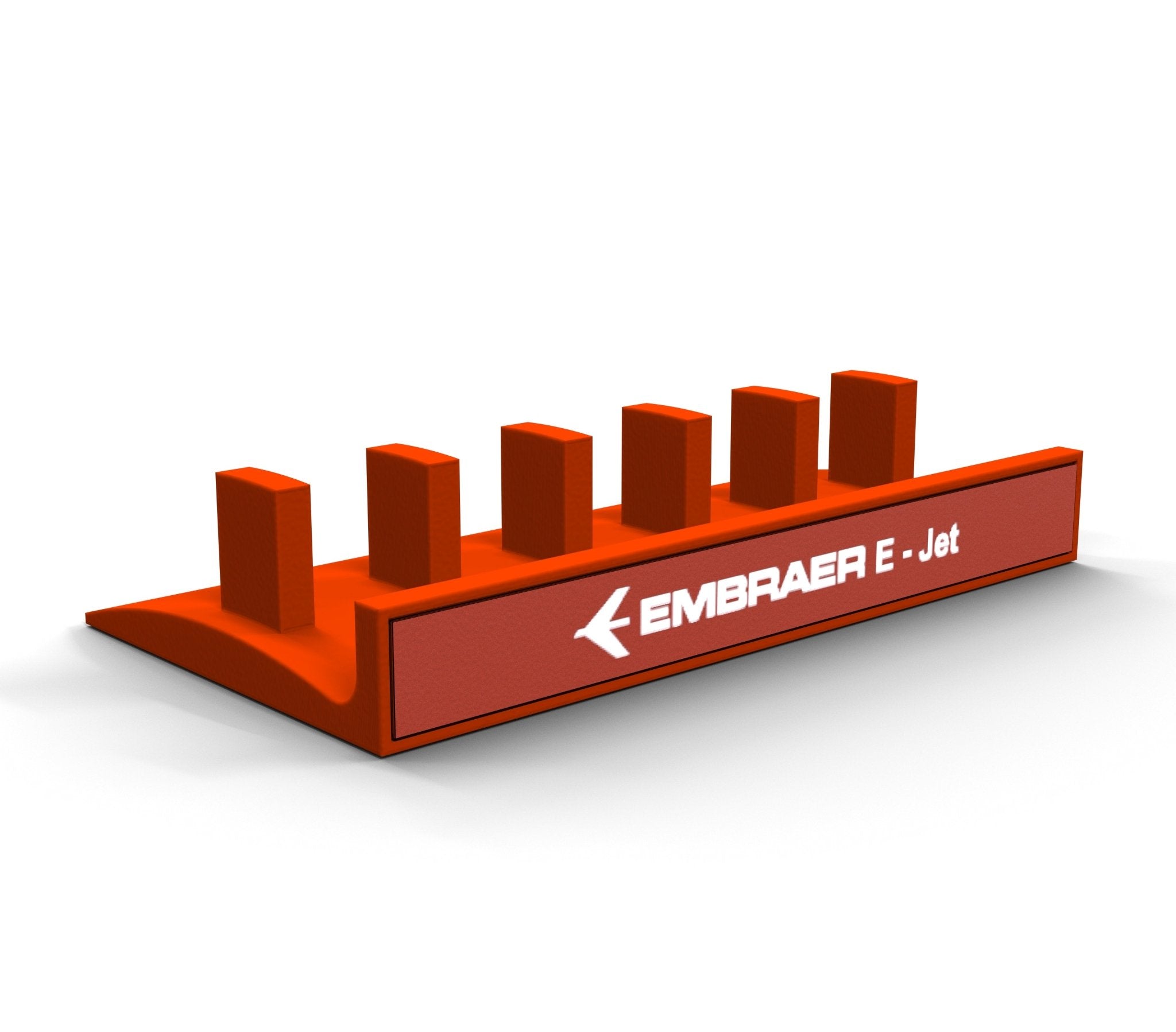 A sleek, minimalist red desk organizer, branded as the Honeycomb Bravo Add-on ORGANIZER by ProDeskSim, showcases six vertical slots and prominently displays the "EMBRAER E-Jet" text on its front. Designed for aviation enthusiasts, it integrates elements reminiscent of aircraft controls with a touch of ProDeskSim levers.