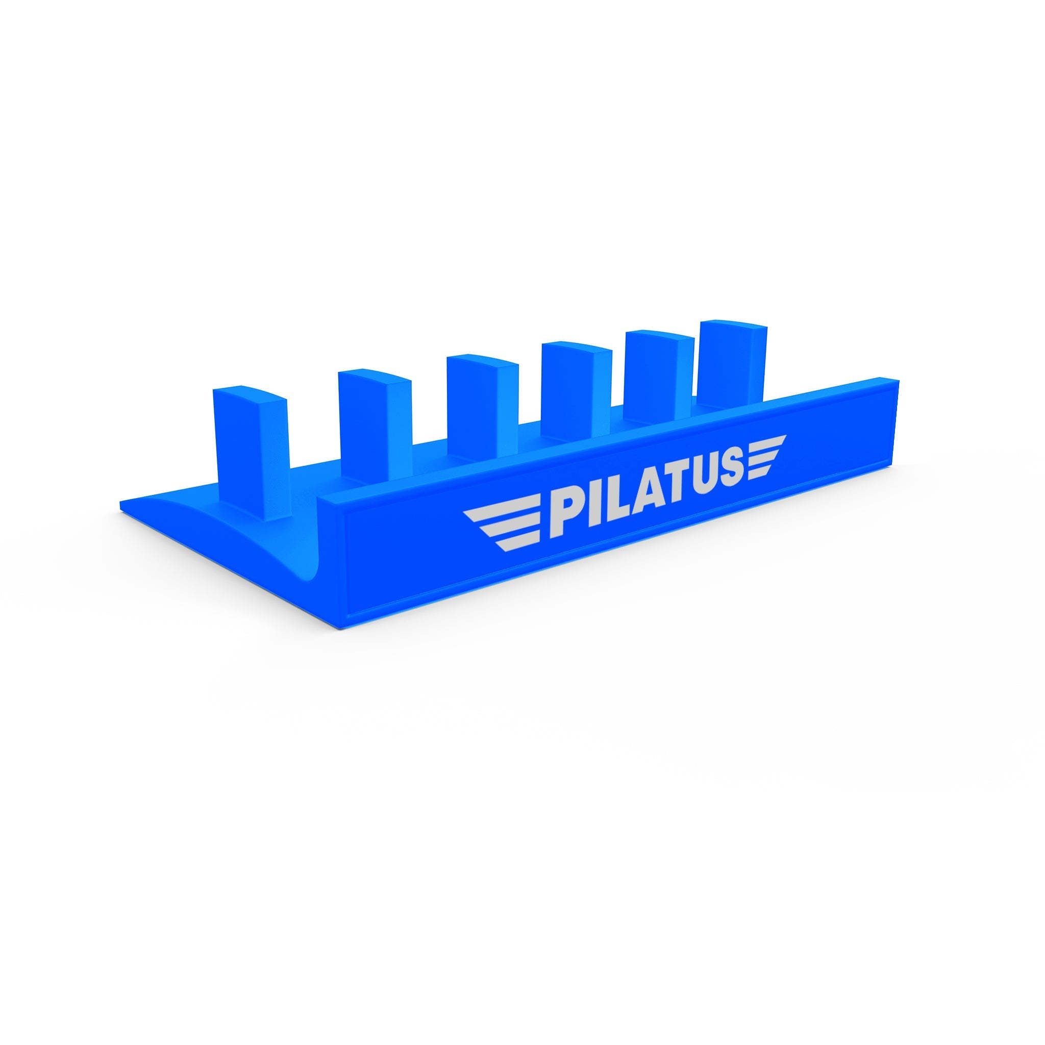 This sleek blue plastic stand, branded with "PILATUS" and adorned with wing-like designs in white, is ideal for organizing items with its five vertical slots. Inspired by the ProDeskSim levers aircraft logo, the Honeycomb Bravo Add-on ORGANZISER from Prodesksim brings a touch of aviation flair to any space.