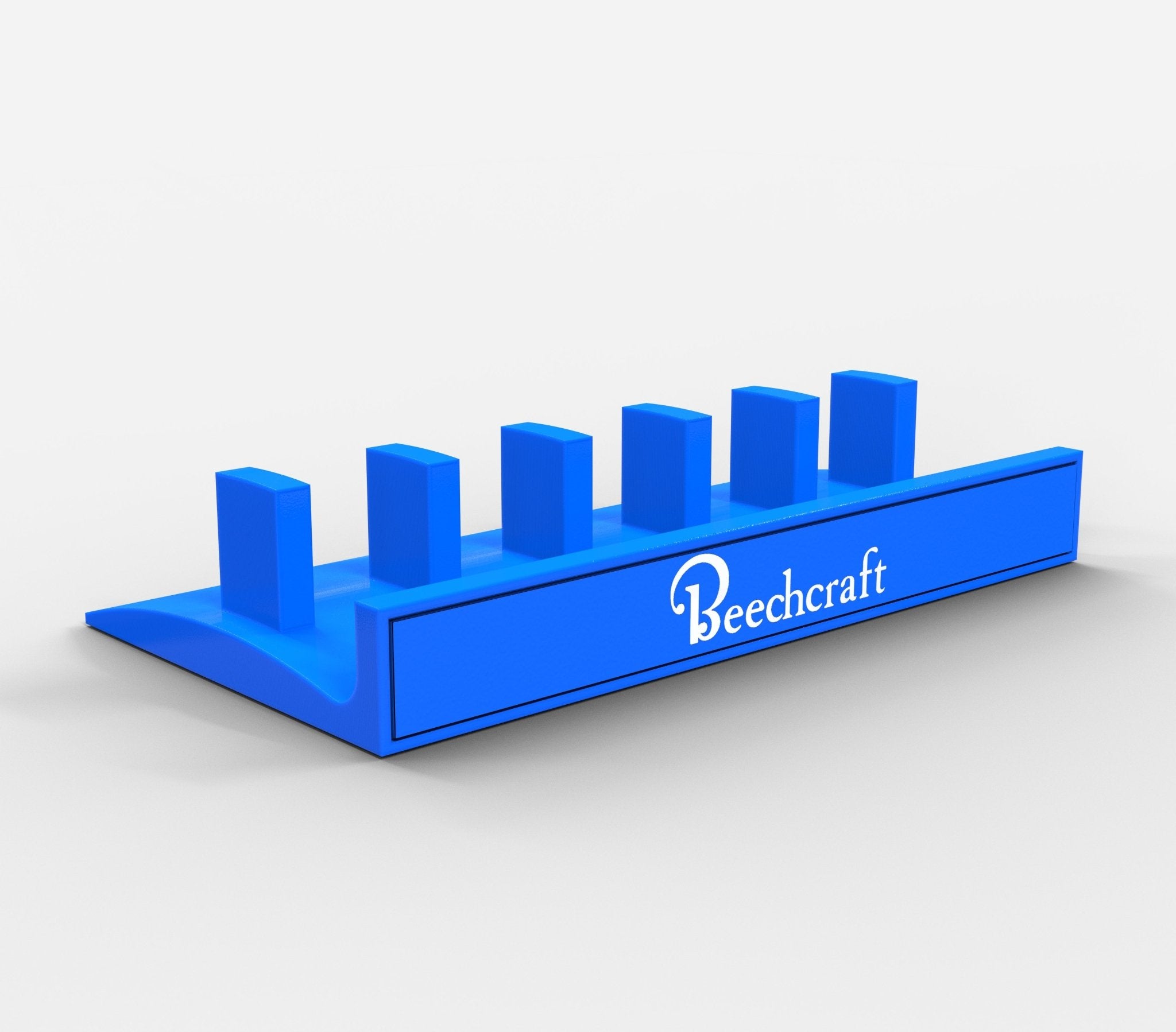 The Honeycomb Bravo Add-on ORGANIZER from ProDeskSim, featuring the brand name "Beechcraft" on its front, displays a blue design with vertical slots. Its stand/organizer functionality is highlighted against a white background, reflecting sleek simplicity.