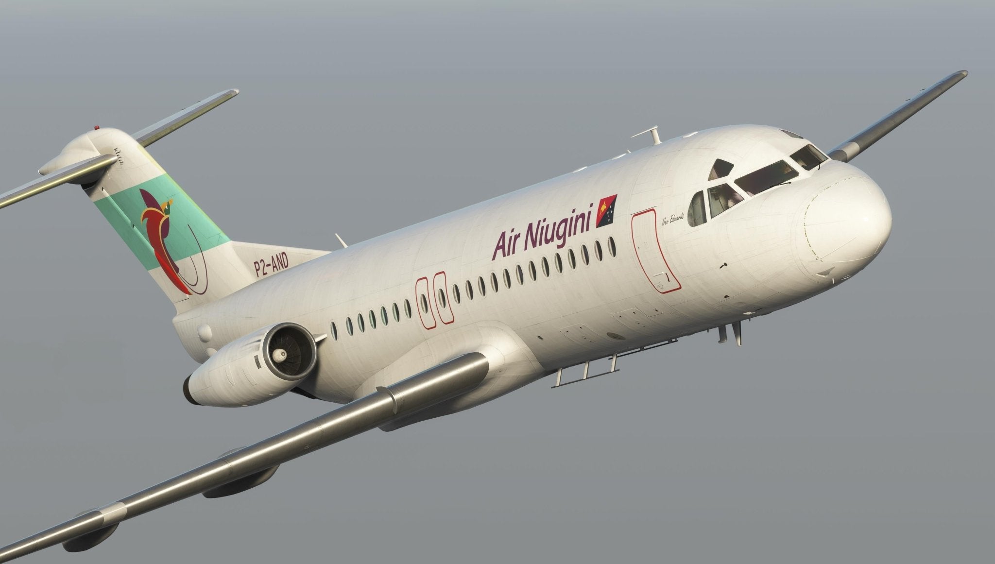 A white Just Flight Fokker-28 Professional from Air Niugini soars against a gray sky. Known for its sleek design, this jet proudly displays the airline's logo on its tail and features two engines mounted on the rear fuselage. The registration number is prominently visible, marking it as part of the prestigious Fokker-28 Professional lineup by Just Flight for MSFS2020.