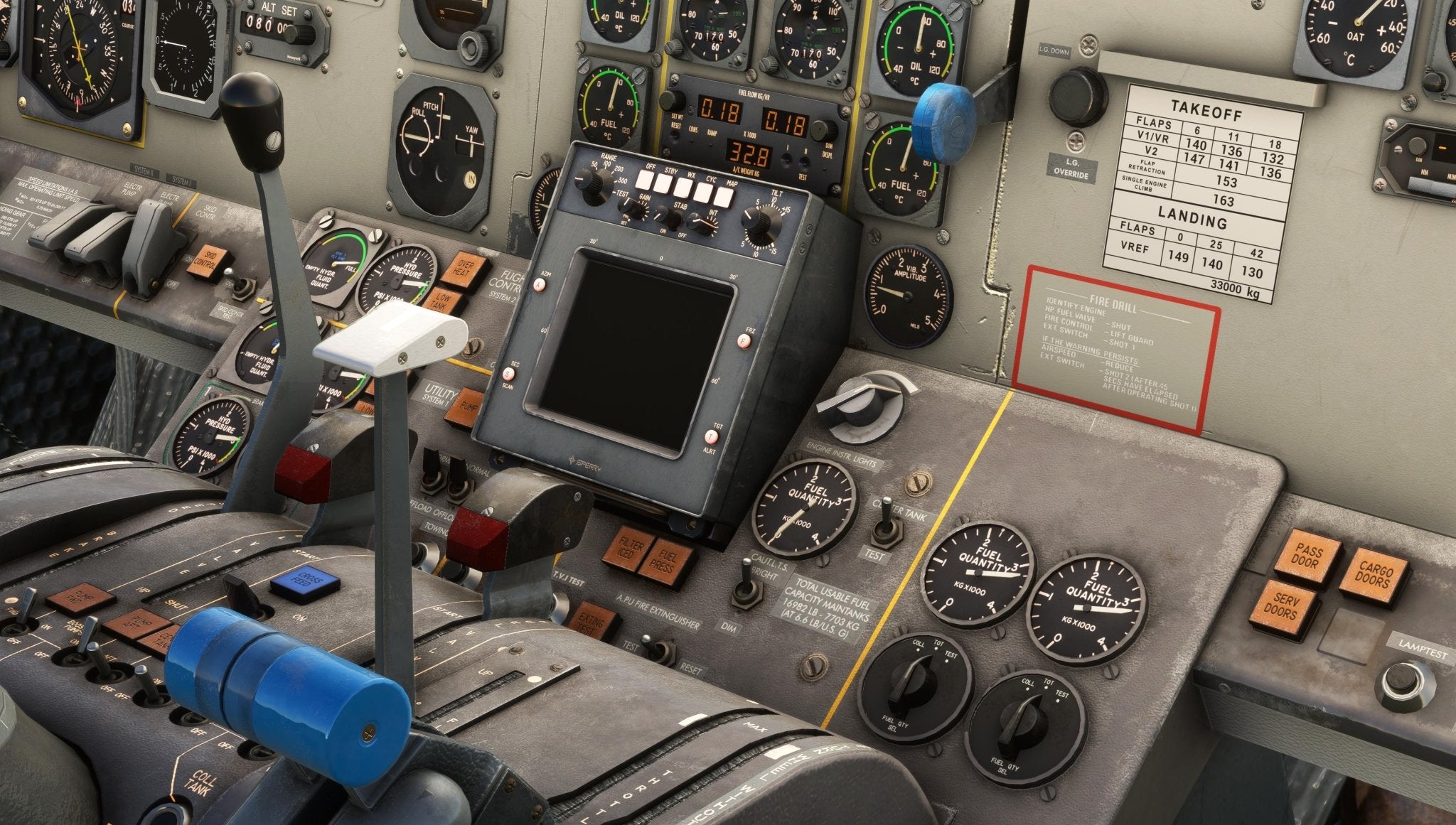 Close-up of the cockpit dashboard of the Just Flight Fokker-28 Professional for MSFS2020, showcasing an array of gauges, switches, and a digital screen. A checklist with a red border is visible on the panel. The central instruments are surrounded by levers and buttons, with multiple indicators displaying readings.