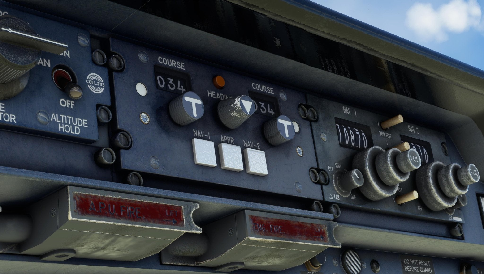 Close-up of a cockpit panel from the Just Flight Fokker-28 Professional for MSFS2020, highlighting navigation controls. Displays show a course of 034, surrounded by an array of buttons, knobs, and switches for configuring settings. Labels such as "Altitude Hold" and "APU FIRE" are prominently featured, underscoring the intricate design by Just Flight.