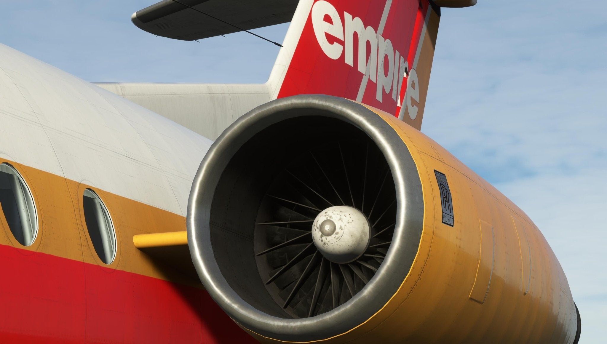 Close-up of a vintage airplane engine set against a clear blue sky. The aircraft, reminiscent of the Just Flight Fokker-28 Professional for MSFS2020, displays a red, orange, and white color scheme with the word "empire" partially visible on its tail fin. Its jet engine and body highlight a classic design.