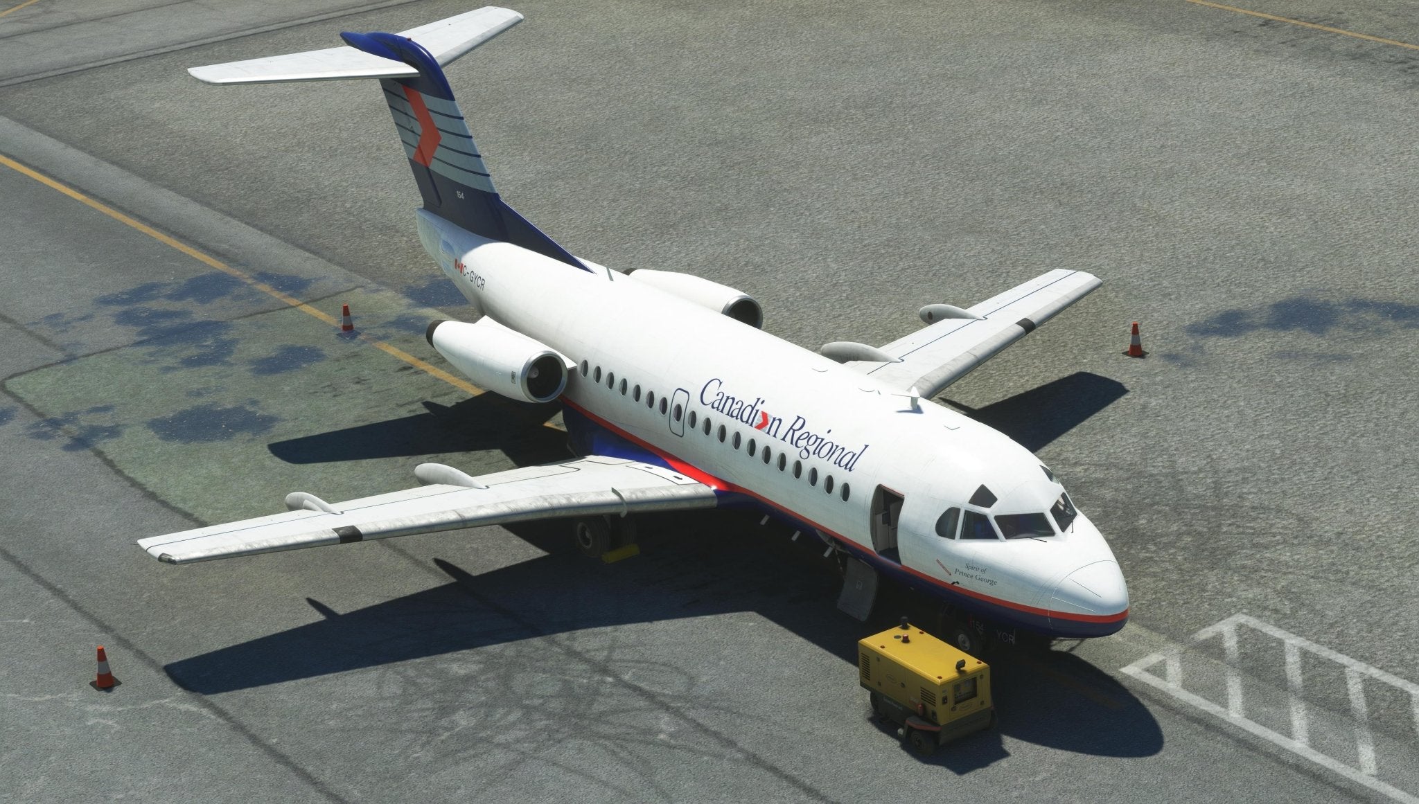 A small passenger airplane, the Just Flight Fokker-28 Professional for MSFS2020, featuring "Canada Regional" on its fuselage, is parked on an airport tarmac. This model from Just Flight showcases a sleek white design with blue and red accents and is surrounded by safety cones as a ground vehicle stands ready.