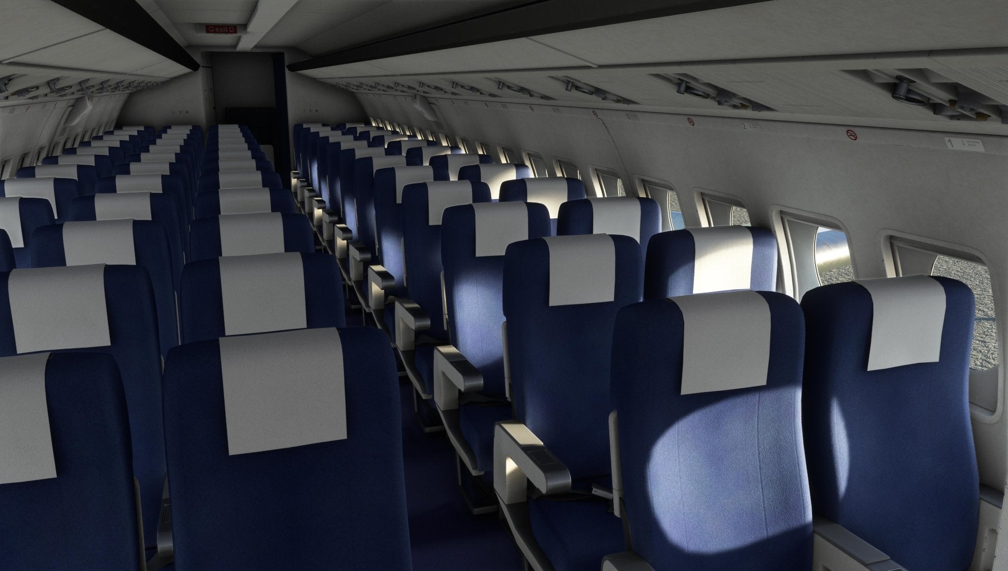 Sunlight streams through the windows of the empty cabin of the Just Flight Fokker-28 Professional for MSFS2020, casting shadows on rows of blue and white seats. The aisle runs down the middle, flanked by closed overhead compartments in this serene interior of the regional jet by Just Flight.