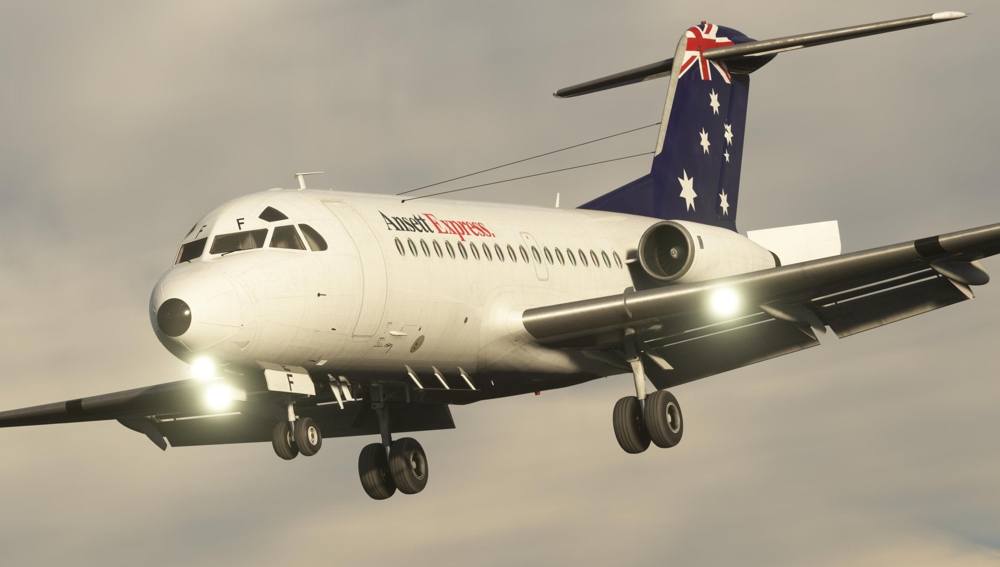 A white Just Flight Fokker-28 Professional for MSFS2020 is depicted in flight with "Ansett Express" on the side and landing gear extended. The tail features a blue design adorned with white stars and an Australian flag, while the engines are mounted on the rear fuselage, embodying that distinct Just Flight character.