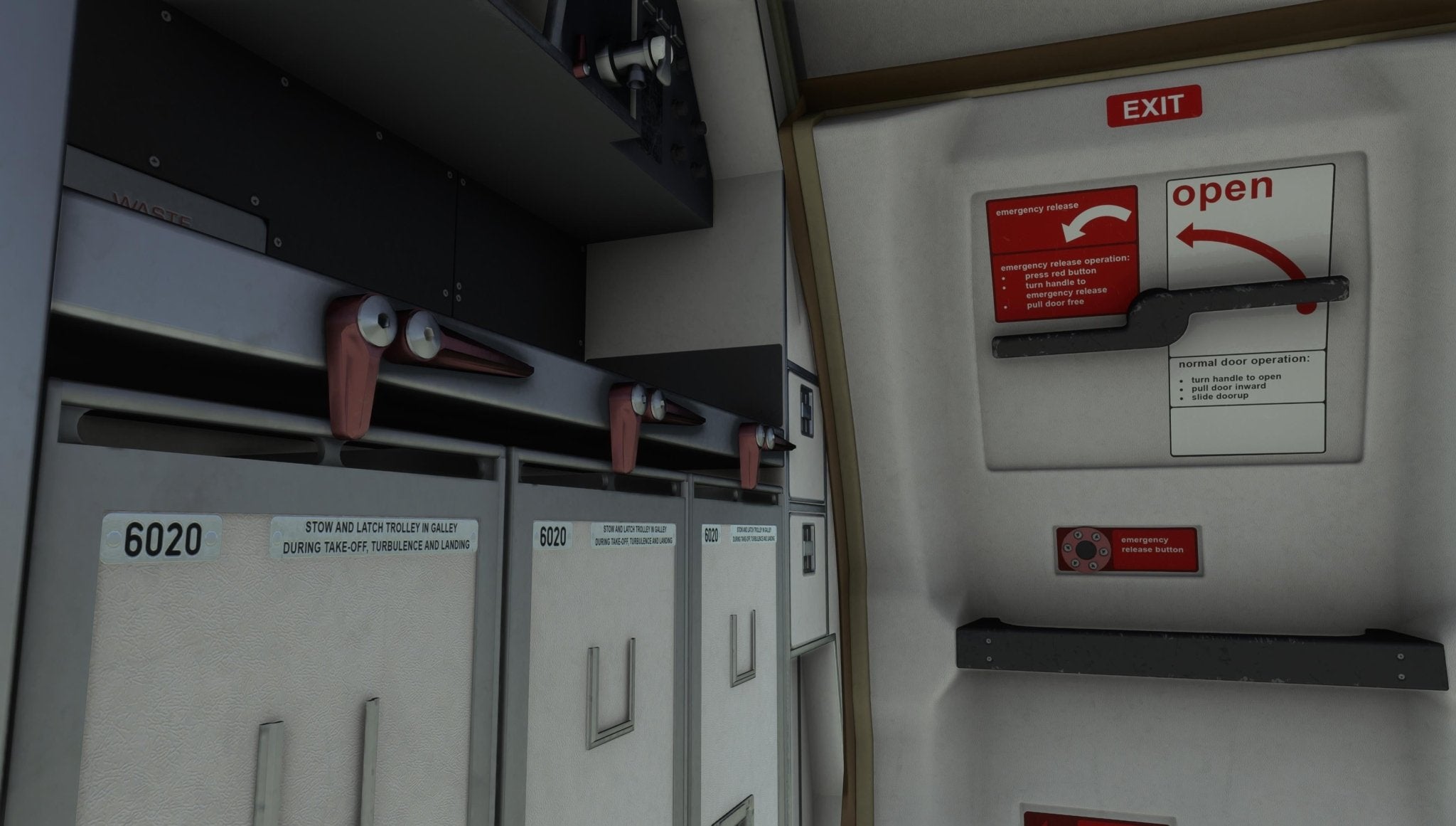 Inside the galley of a Just Flight Fokker-28 Professional for MSFS2020, you will find overhead storage labeled 6020, safety instructions, and an emergency exit door complete with handles and an "open" sign.