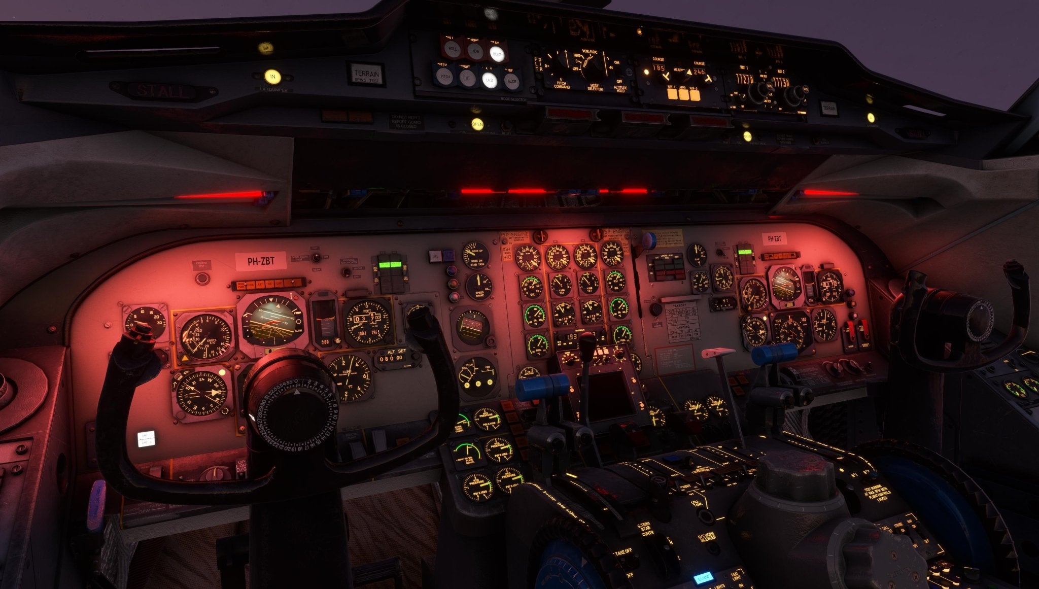 In the cockpit of a Just Flight Fokker-28 Professional for MSFS2020 at dusk, the illuminated instrument panel with its array of gauges, dials, and controls becomes vibrant. The red glow from the displays accentuates the complexity of the flight controls, creating a striking contrast.