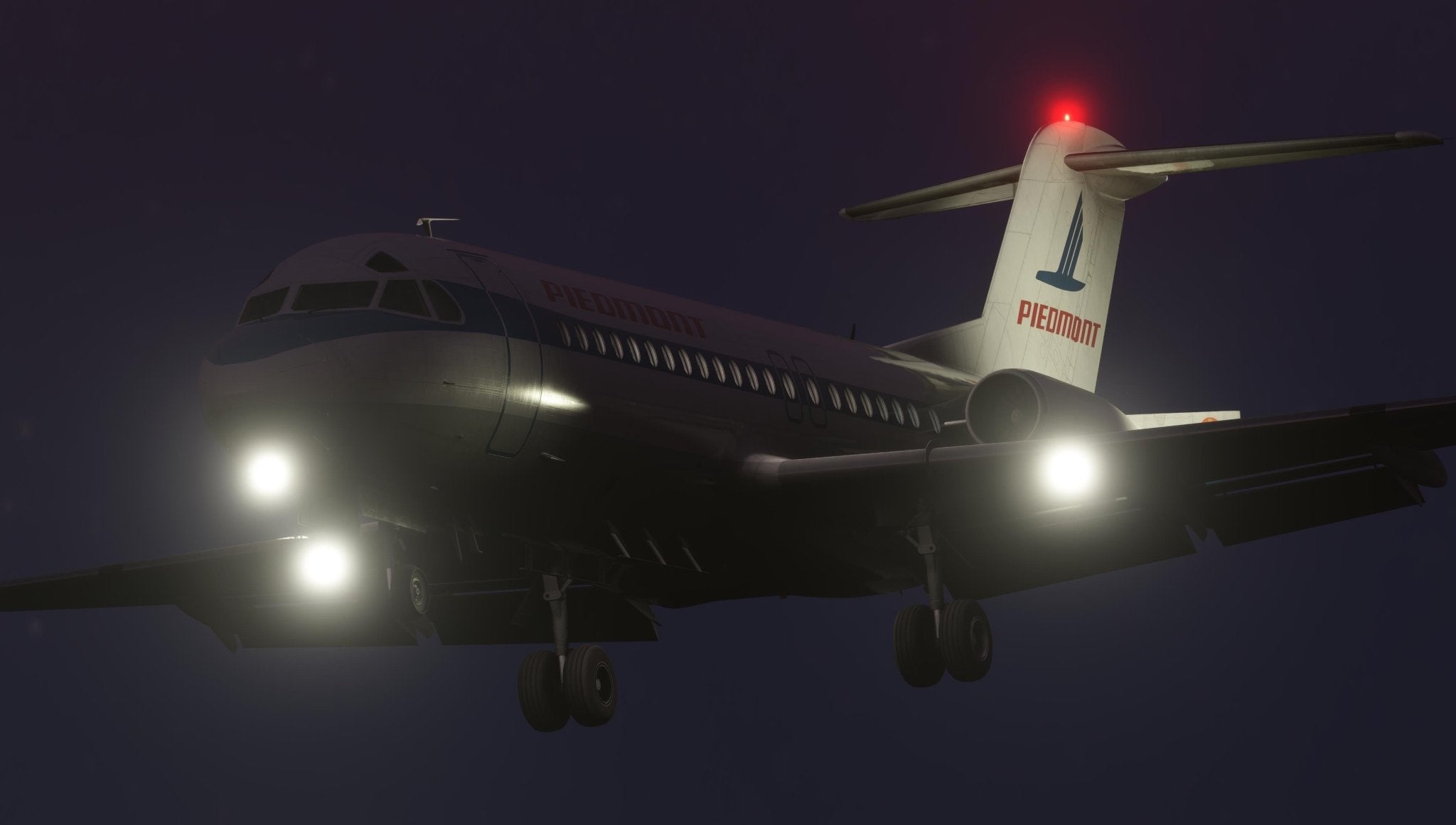 The Just Flight Fokker-28 Professional for MSFS2020, a commercial airplane with bright front lights, is seen soaring through a dark, cloudy sky. The aircraft features "PIEDMONT" emblazoned on its side and a logo adorning its tail fin.