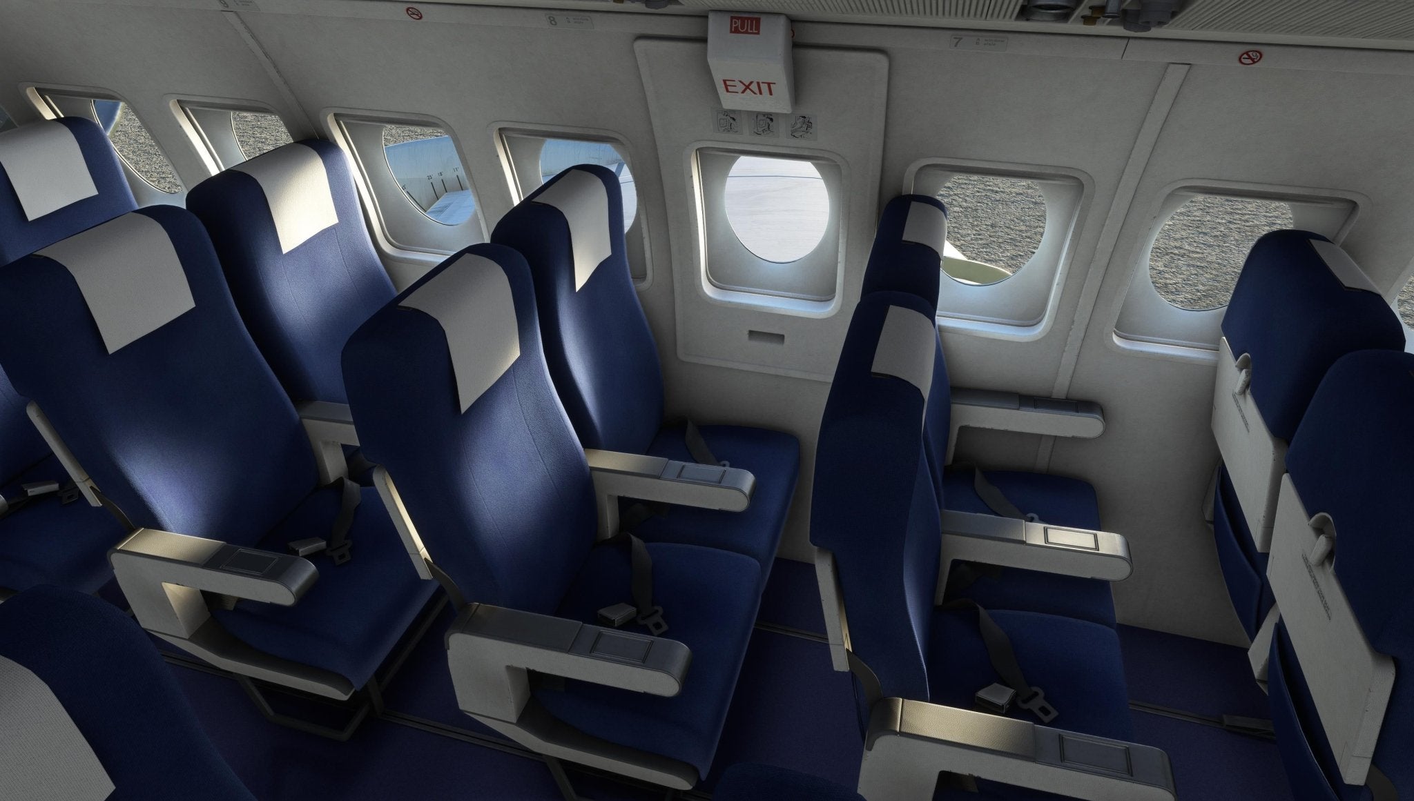 The interior of the Fokker-28 Professional for MSFS2020 features a row of unoccupied blue and white seats by the windows. Above, an "EXIT" sign marks an emergency exit door, embodying Just Flight's dedication to safety and comfort in their aircraft design.