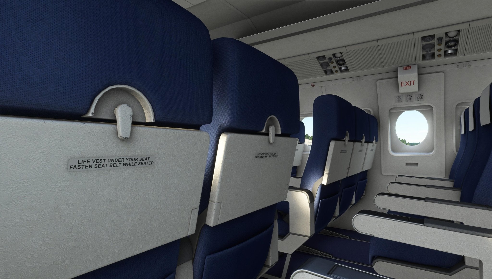 Image of the cabin from the Just Flight Fokker-28 Professional for MSFS2020, featuring rows of blue cushioned seats with tray tables neatly folded up. A round window and overhead compartments can be seen, epitomizing the high standards associated with Just Flight. An exit sign is visible at the end of the aisle, embodying the essence of professional aviation design.