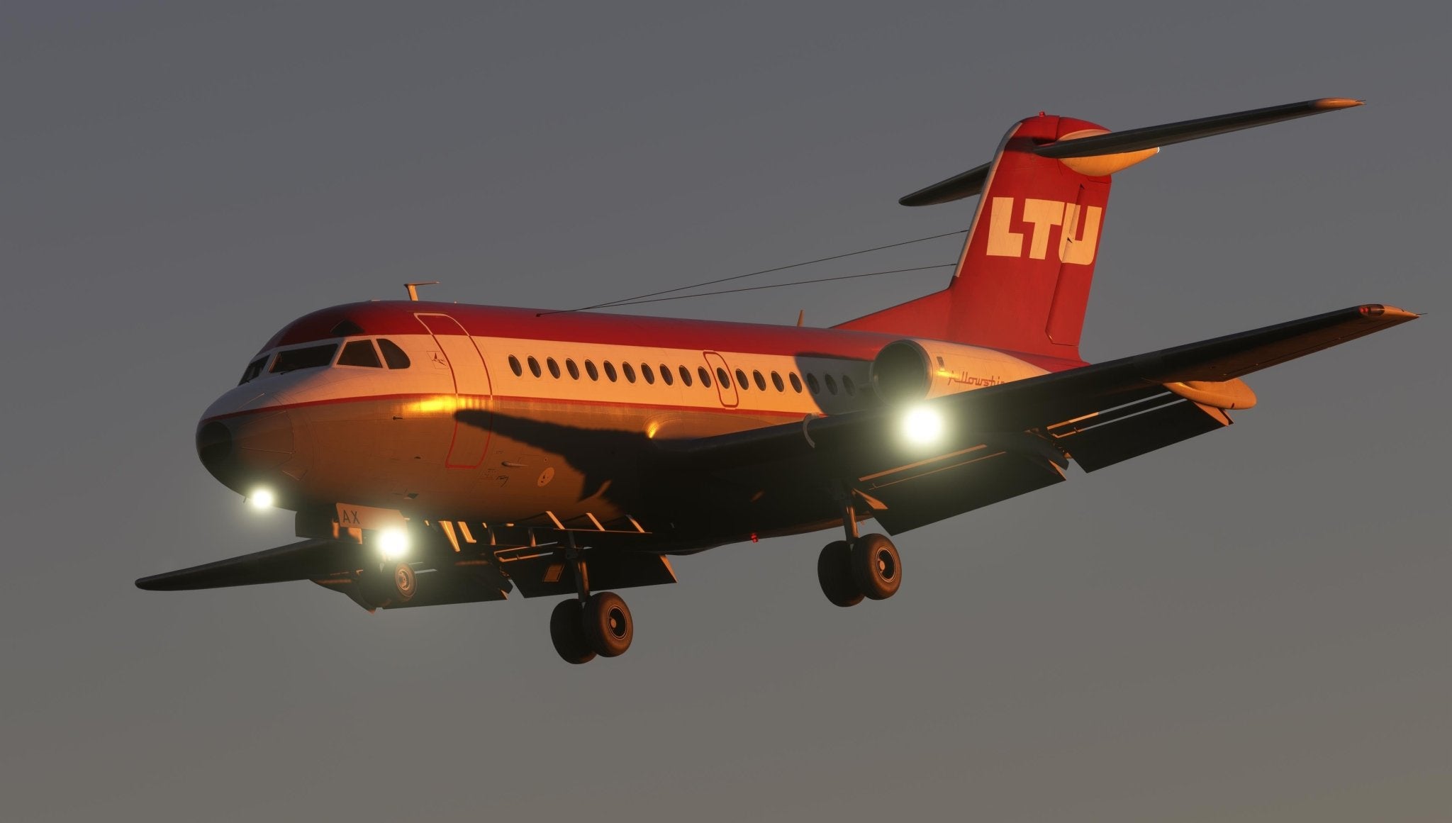 A red and white Just Flight Fokker-28 Professional for MSFS2020 is in flight during sunset. The landing gear is deployed, and the plane's lights are on, illuminating the aircraft against the darkening sky.