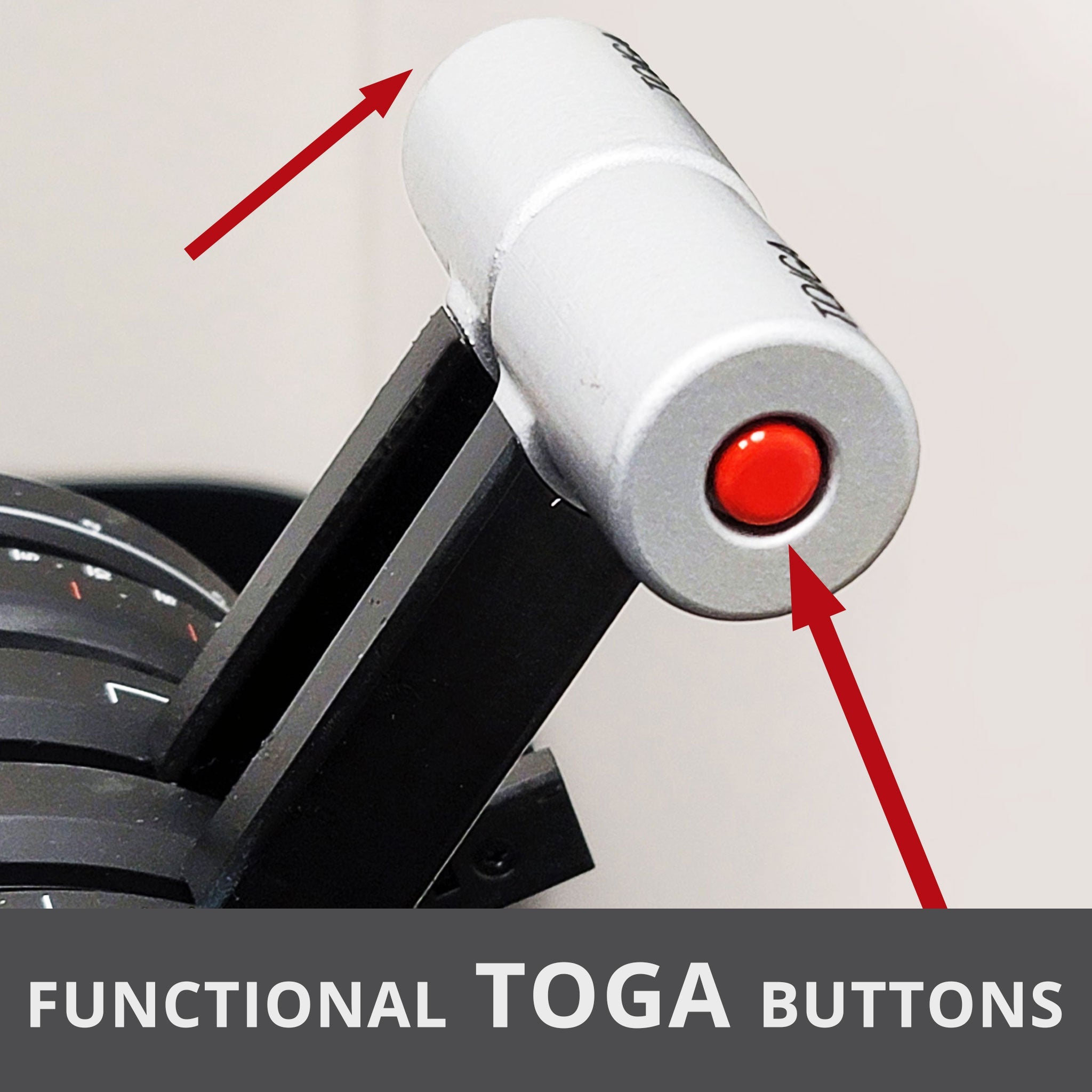 Close-up of a Phenom-jet-emb-100-300-premium-throttle-lever featuring a TOGA button, highlighted with red arrows. The text "Functional TOGA Buttons" is boldly displayed at the bottom over a gray background. Perfect for your Prodesksim Honeycomb Bravo setup in any flight simulator scenario.