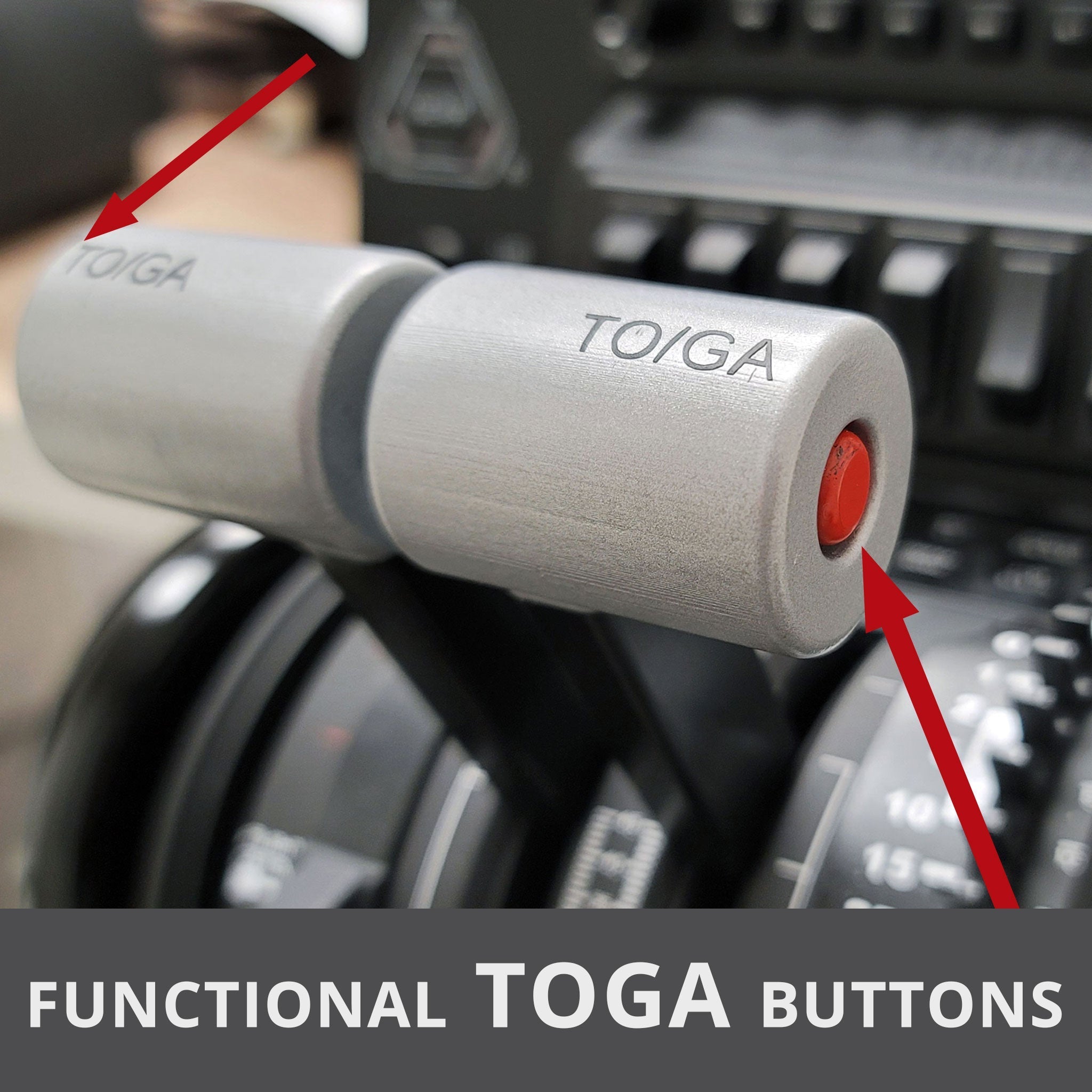 Close-up of two gray TO/GA (Takeoff/Go-Around) buttons with red tops on a Prodesksim Phenom-jet-emb-100-300-premium-throttle-lever-for-honeycomb-bravo in a flight simulator. The text "Functional TOGA Buttons" is displayed in the foreground, while red arrows highlight the buttons.