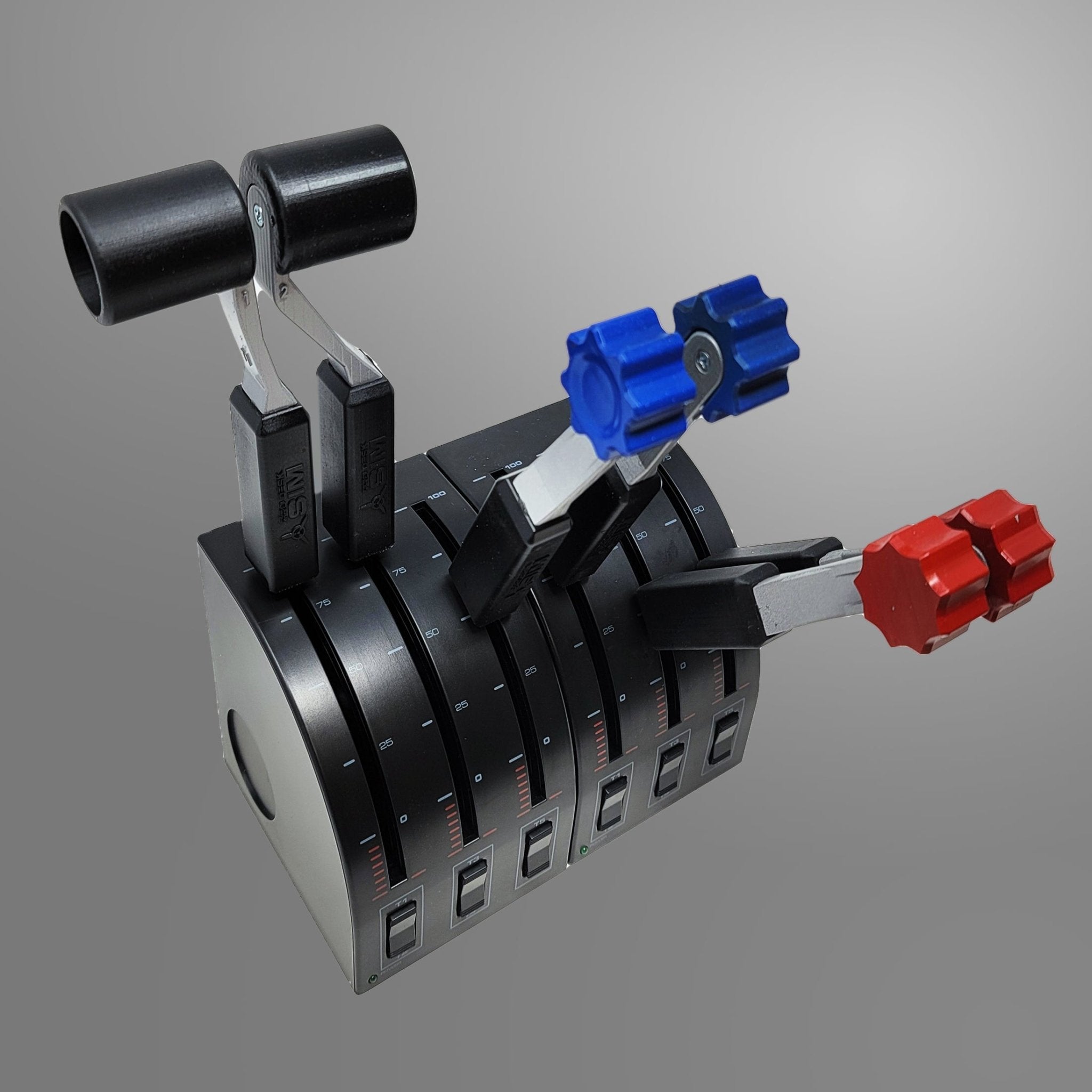 Image of the Prodesksim Saitek Full set of G58 Baron twin-engine piston realistic throttle quadrant handles designed for flight simulation, featuring six levers with black, blue, and red handles. This metallic device is perfect for twin-engine piston aircraft and includes dial indicators for precise control adjustments against a plain grey background.